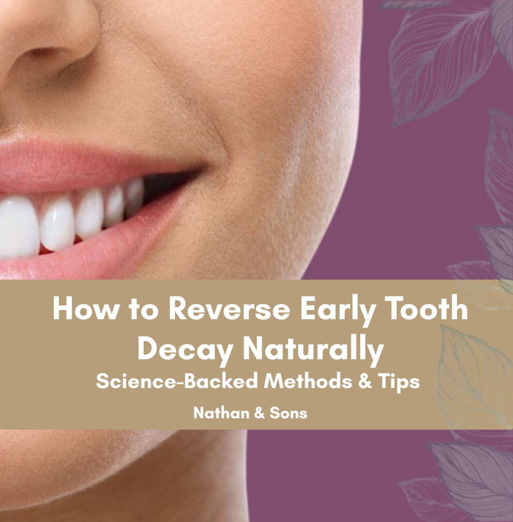 Close-up of a smiling woman’s mouth with white teeth on a mauve background with faint leaf illustrations. Text overlay reads: "How to Reverse Early Tooth Decay Naturally – Science-Backed Methods & Tips – Nathan & Sons."
