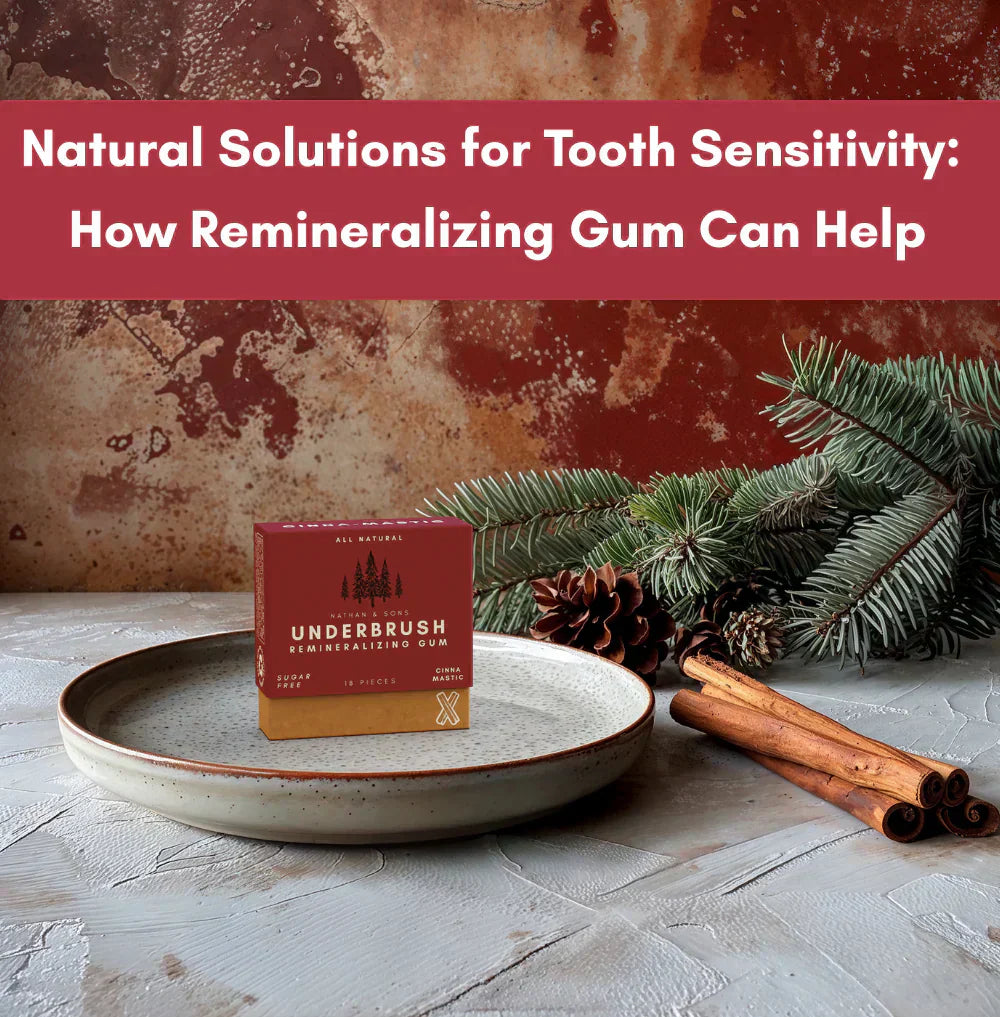 Box of Underbrush Cinna Mastic Remineralizing Gum on a plate with pine branches, pinecones, and cinnamon sticks, with text about natural solutions for tooth sensitivity.