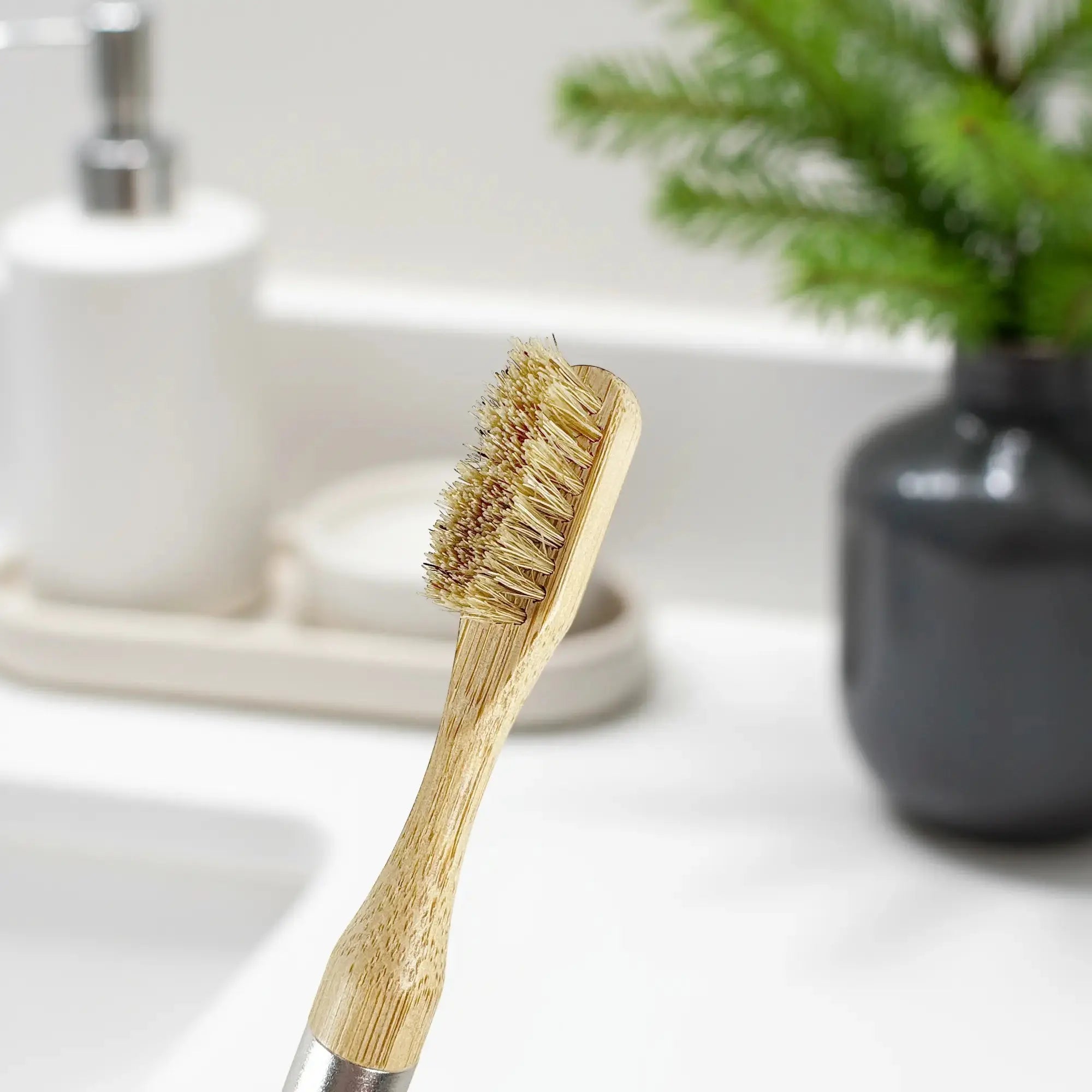 Close up of the Nathan and Sons Boar's Hair Toothbrush Head featuring boar's hair bristles and a bamboo neck with a blurred out background of a bathroom sink
