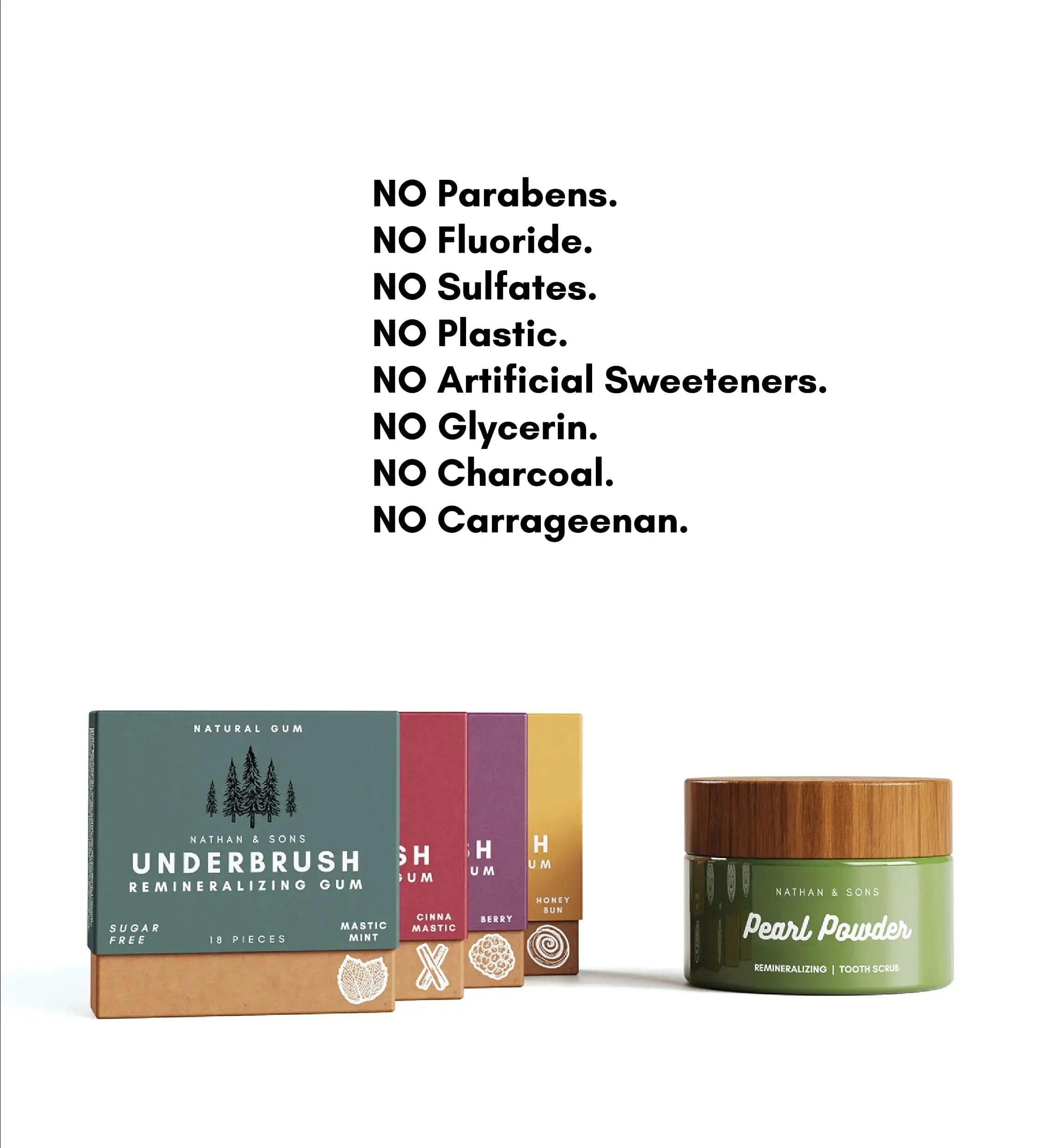 Nathan & Sons oral care products, including four varieties of Underbrush Remineralizing Gum and one jar of Pearl Powder Tooth Scrub, displayed next to bold text listing excluded ingredients: no parabens, fluoride, sulfates, plastic, artificial sweeteners, glycerin, charcoal, or carrageenan.