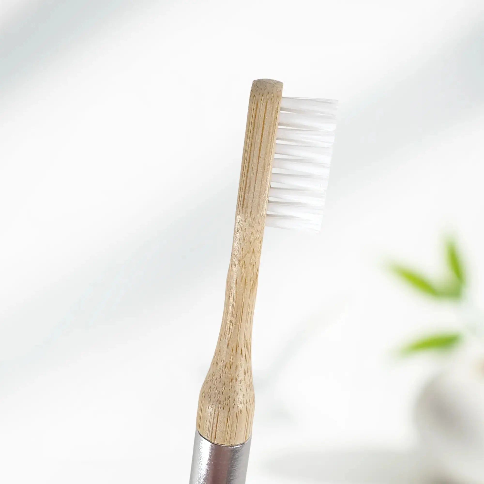Close up side view of the Nathan and Sons Castor Oil Toothbrush Head featuring castor oil bristles and a bamboo neck