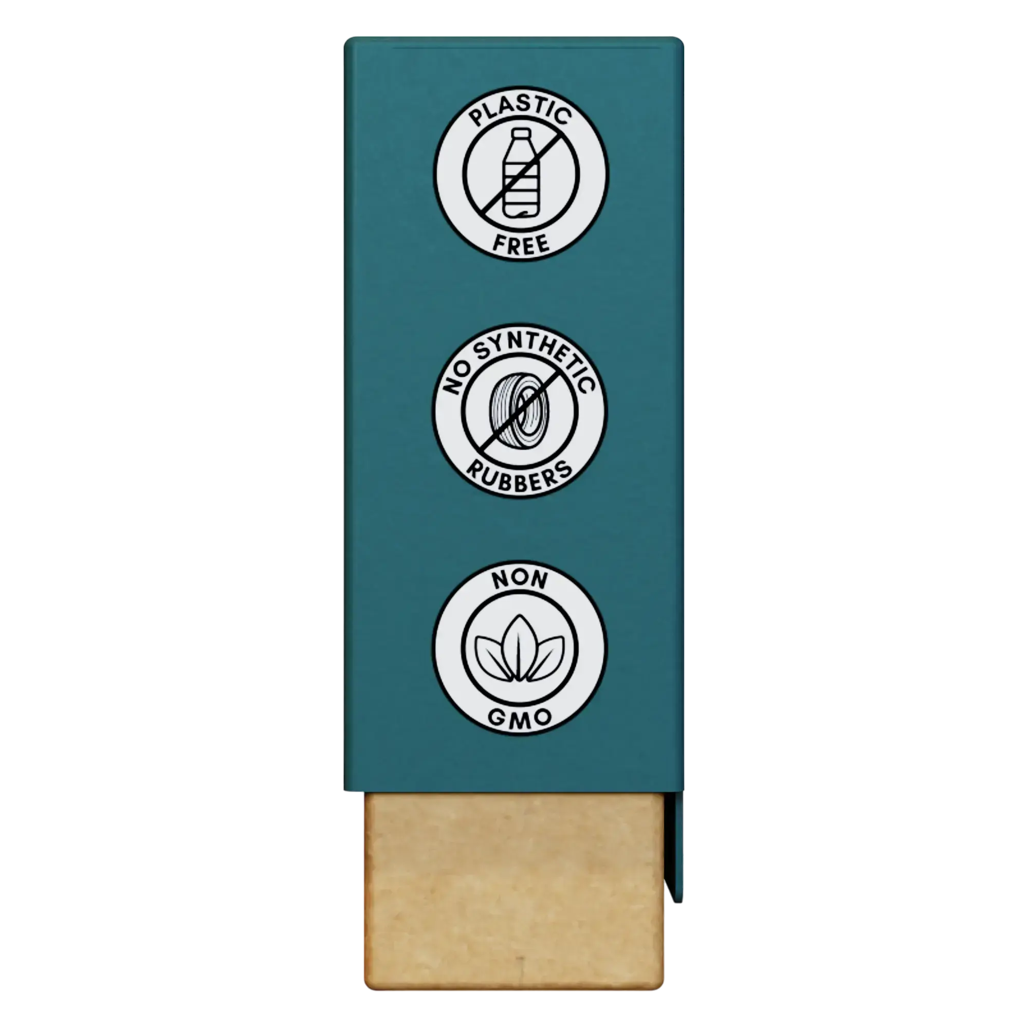 Side close-up of Nathan & Sons Underbrush Remineralizing Gum Mastic Mint flavor packaging featuring three circular icons highlighting product benefits: Plastic Free, No Synthetic Rubbers, and Non-GMO.