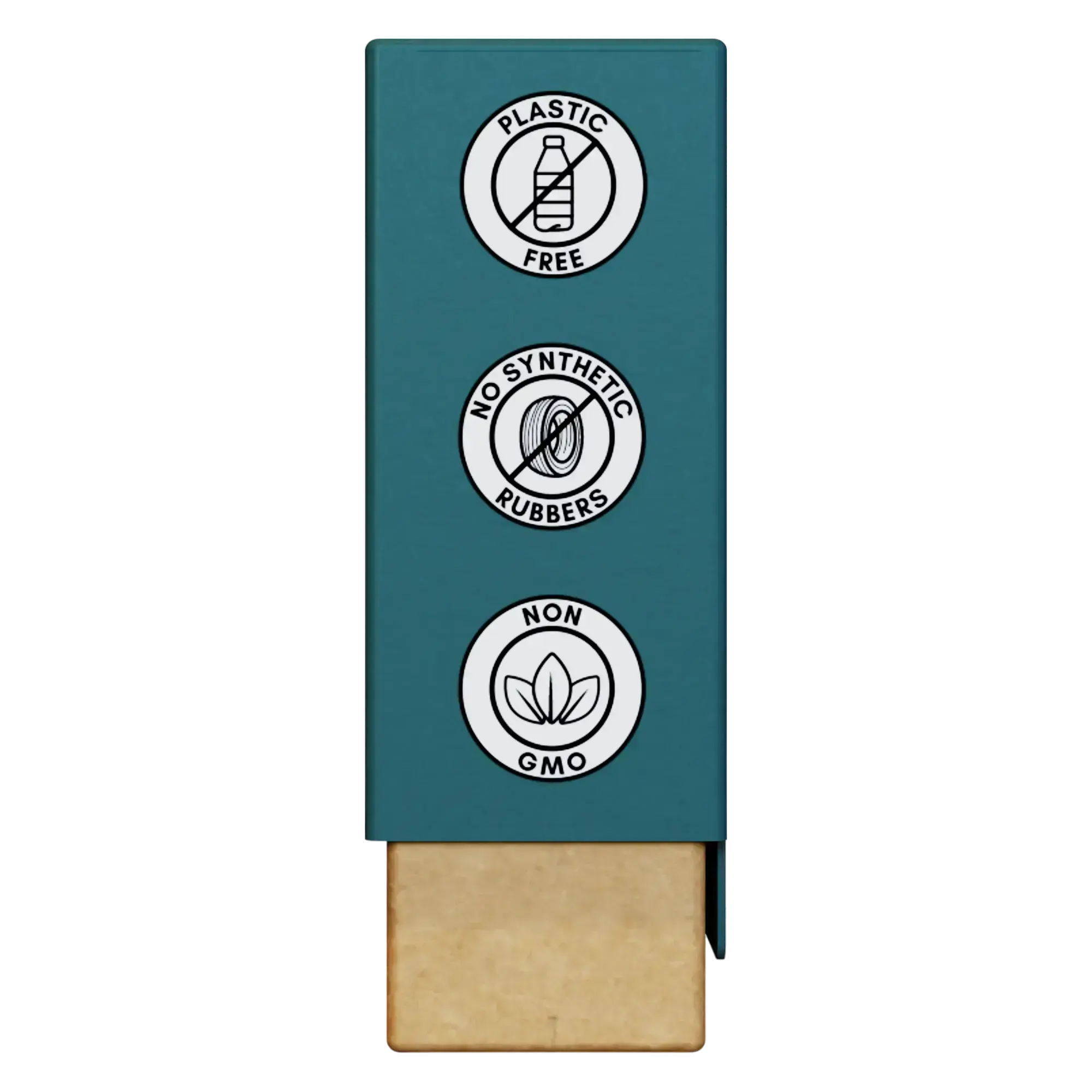 Side close-up of Nathan & Sons Underbrush Remineralizing Gum Mastic Mint flavor packaging featuring three circular icons highlighting product benefits: Plastic Free, No Synthetic Rubbers, and Non-GMO.