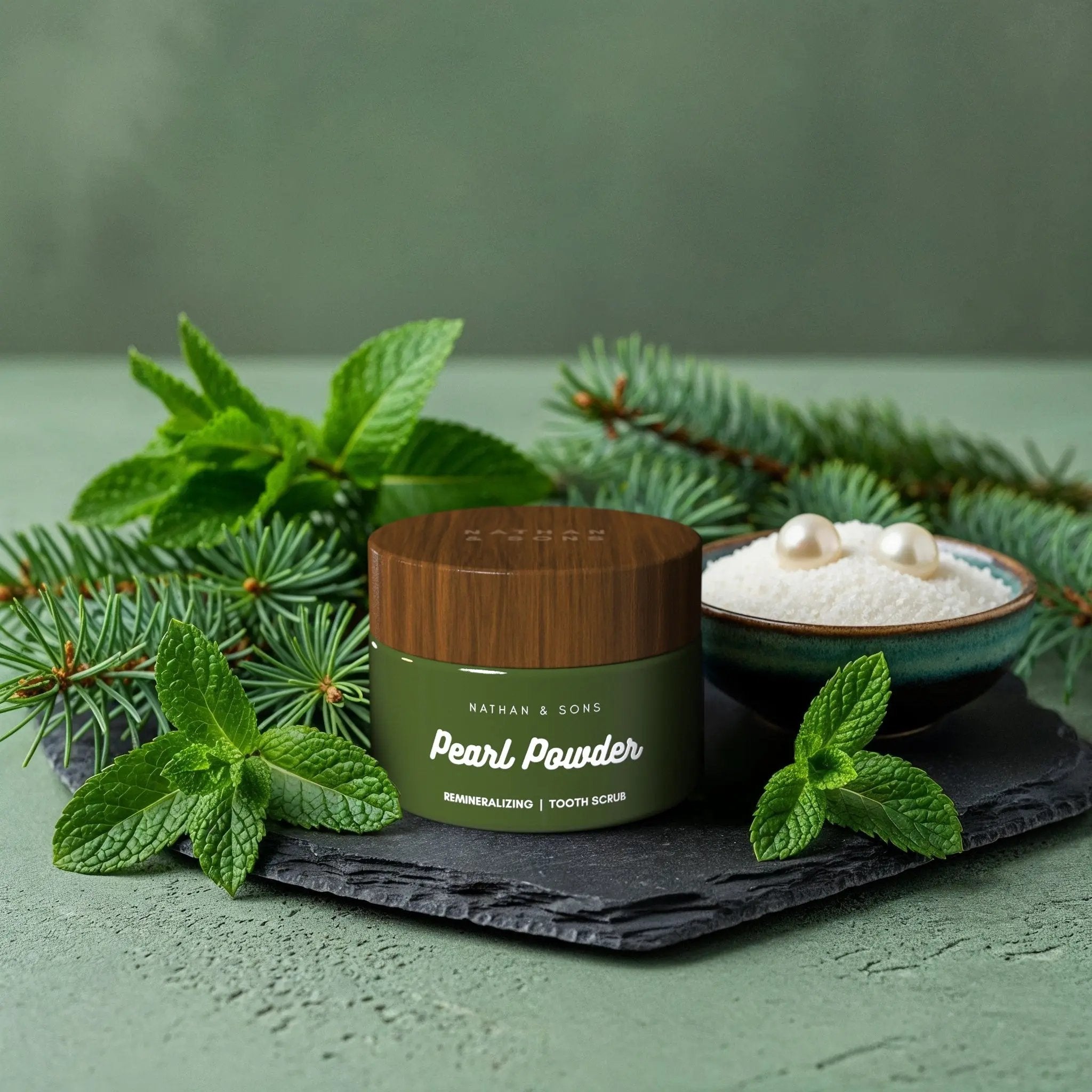 Nathan & Sons Pearl Powder remineralizing tooth scrub in a dark green jar with a wooden lid, displayed on a black slate with fresh mint, pine branches, and a ceramic bowl filled with pearl powder and two pearls