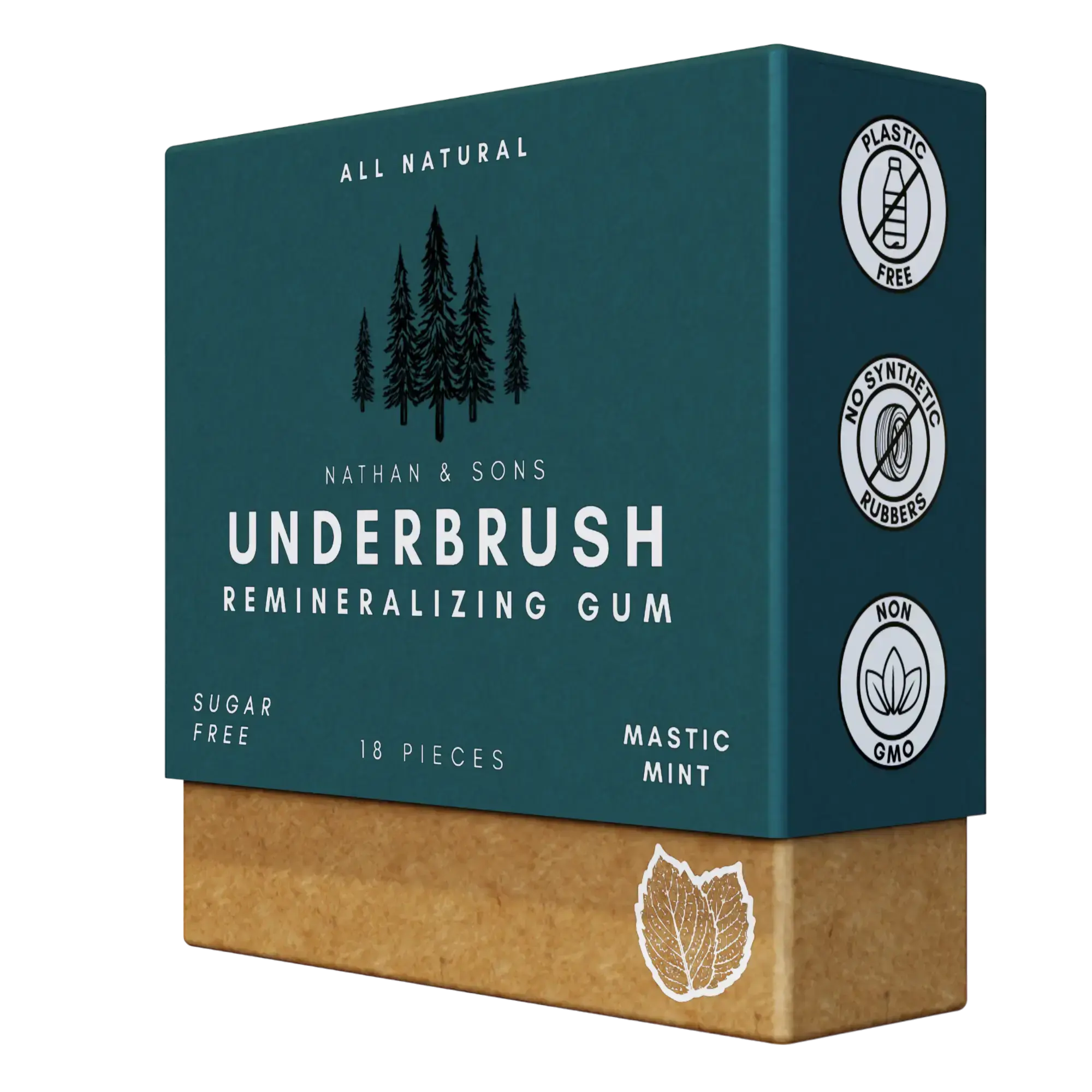 Tilted view of Nathan & Sons Underbrush Remineralizing Gum in Mastic Mint flavor, featuring an illustration of pine trees and labels indicating 'Plastic Free,' 'No Synthetic Rubbers,' and 'Non-GMO.'