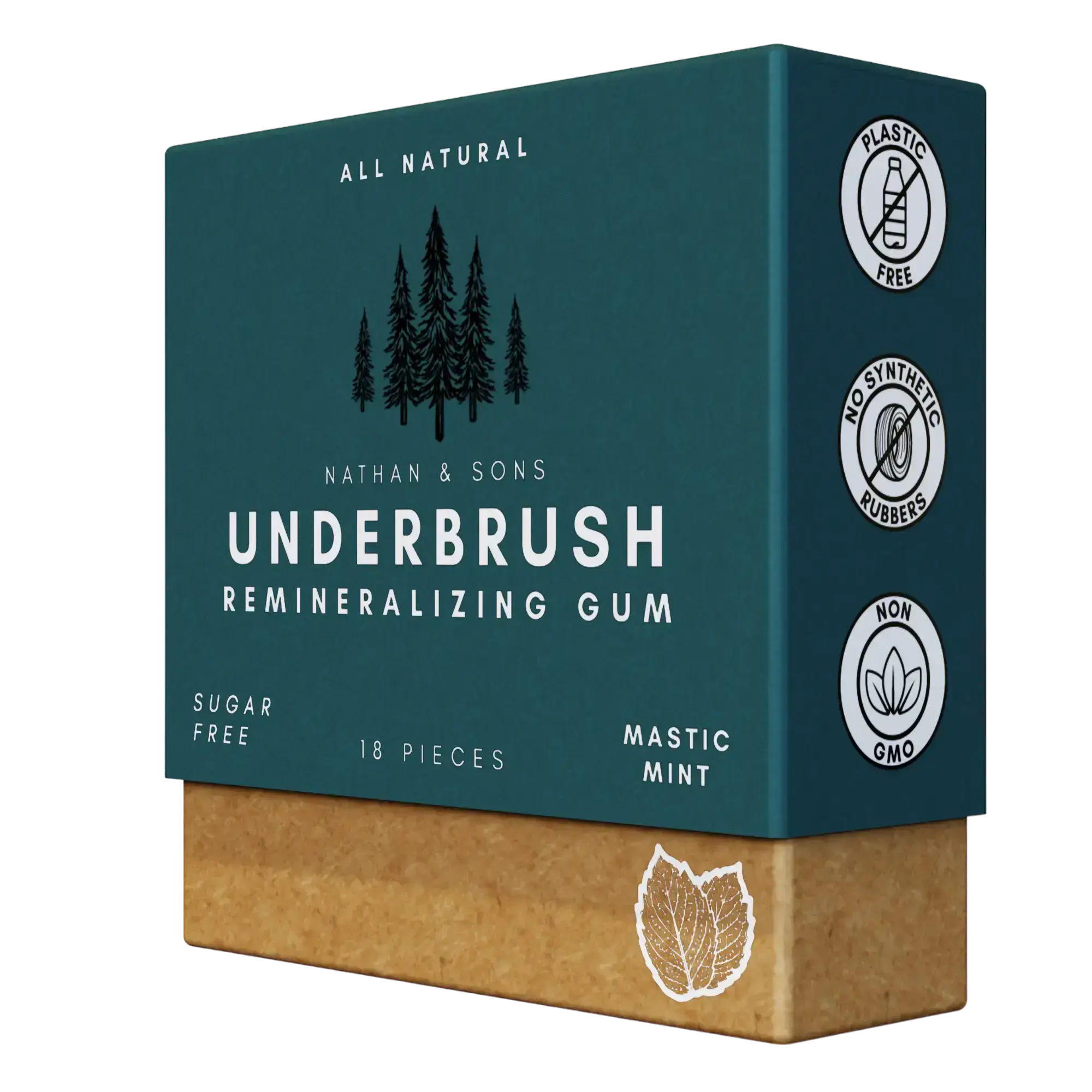 Tilted view of Nathan & Sons Underbrush Remineralizing Gum in Mastic Mint flavor, featuring an illustration of pine trees and labels indicating 'Plastic Free,' 'No Synthetic Rubbers,' and 'Non-GMO.'