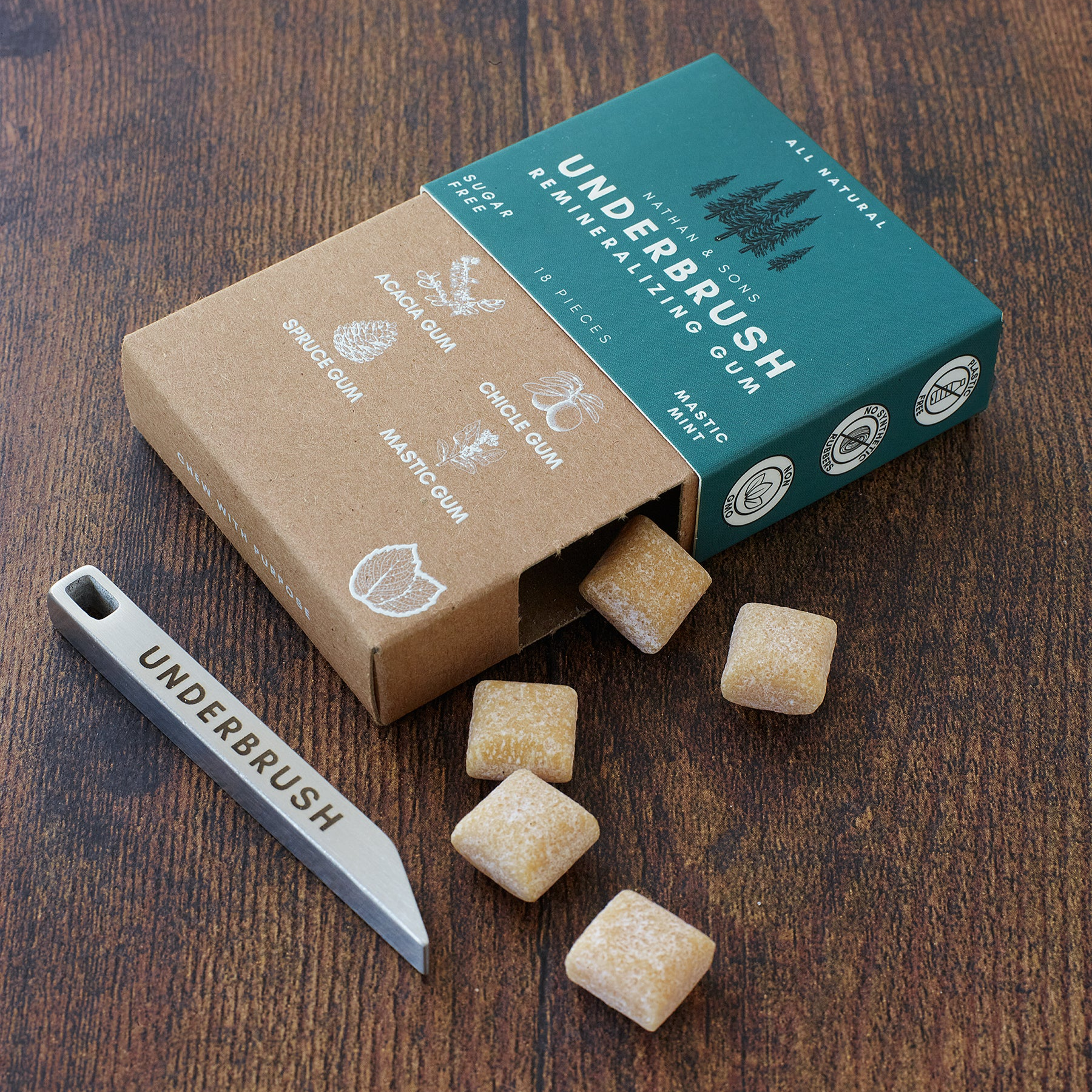 Underbrush gum cubes spilling from box with the Minimalist Multi-tool Key-chain on wooden surface
