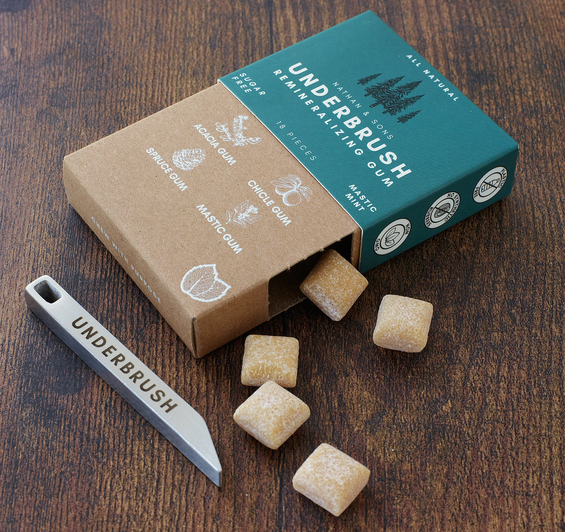 Underbrush gum cubes spilling from box with the Minimalist Multi-tool Key-chain on wooden surface