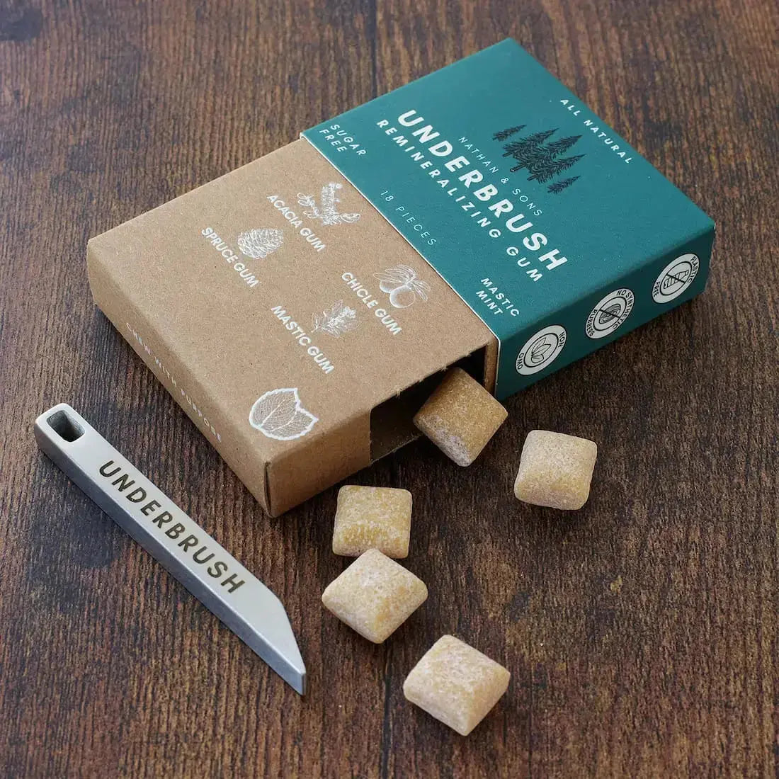 Underbrush Mastic Mint remineralizing gum with gum pieces showing next to the minimalist multi-tool key-chain on a wooden table