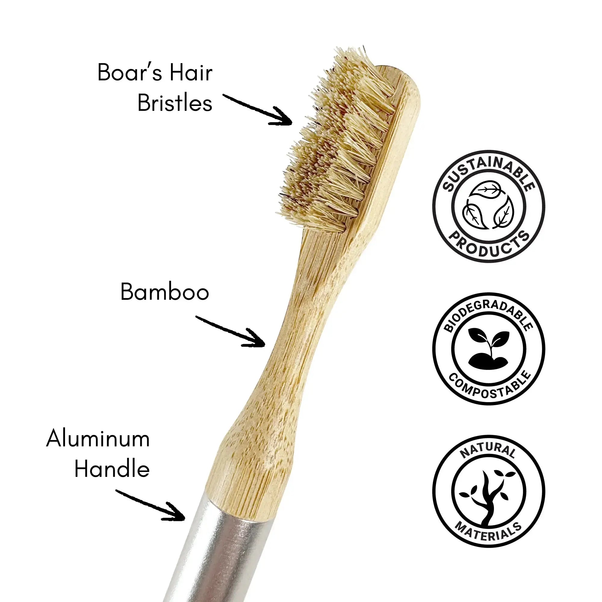 Close-up of the Nathan and Sons Boar's Hair Toothbrush Kit featuring boar's hair bristles, a bamboo neck, and an aluminum handle. The image includes eco-friendly certification icons reading “Sustainable Products,” “Biodegradable & Compostable,” and “100% Vegan.”
