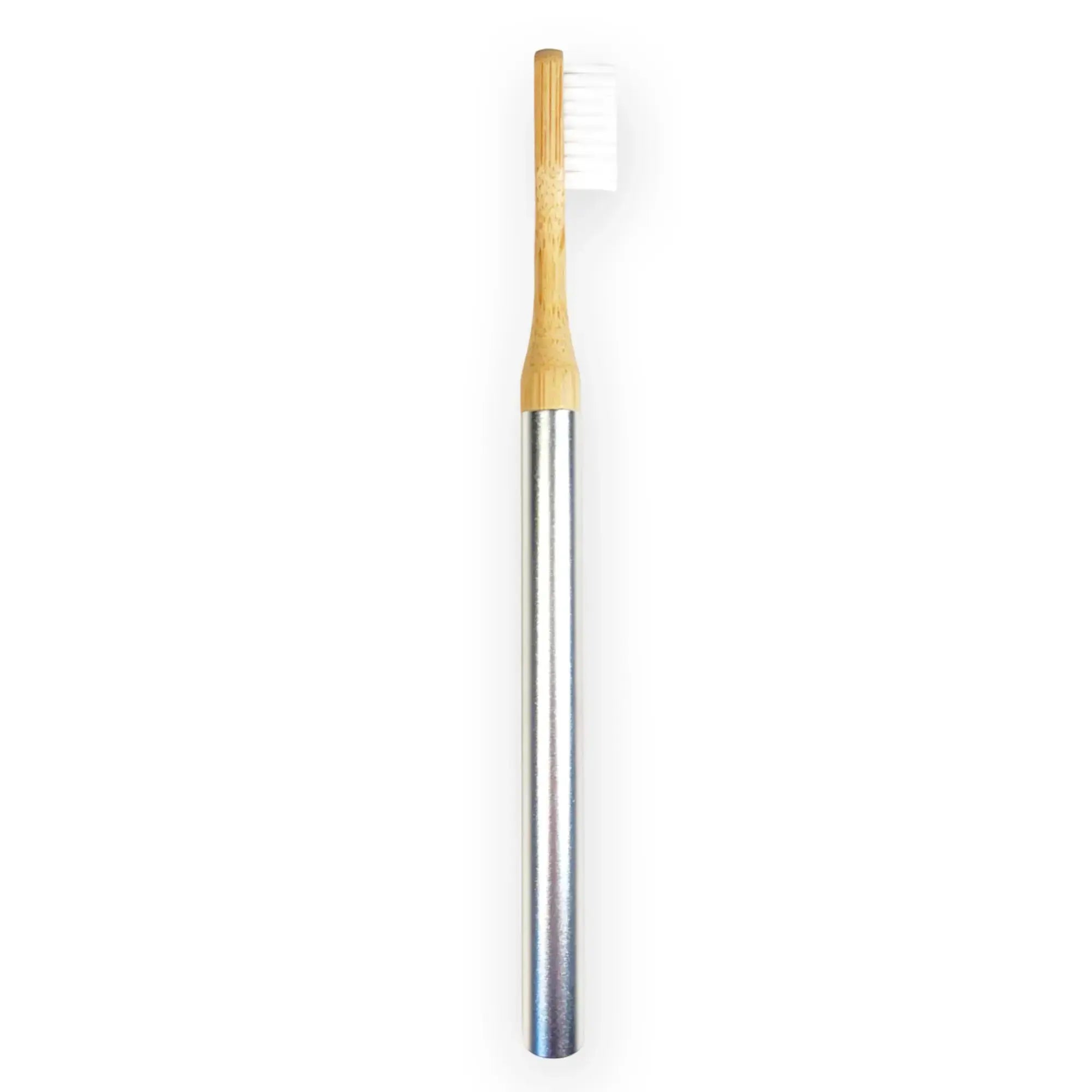 Side close up of the Nathan and Sons Castor Oil Toothbrush Kit featuring castor oil bristles, a bamboo neck and an aluminum handle