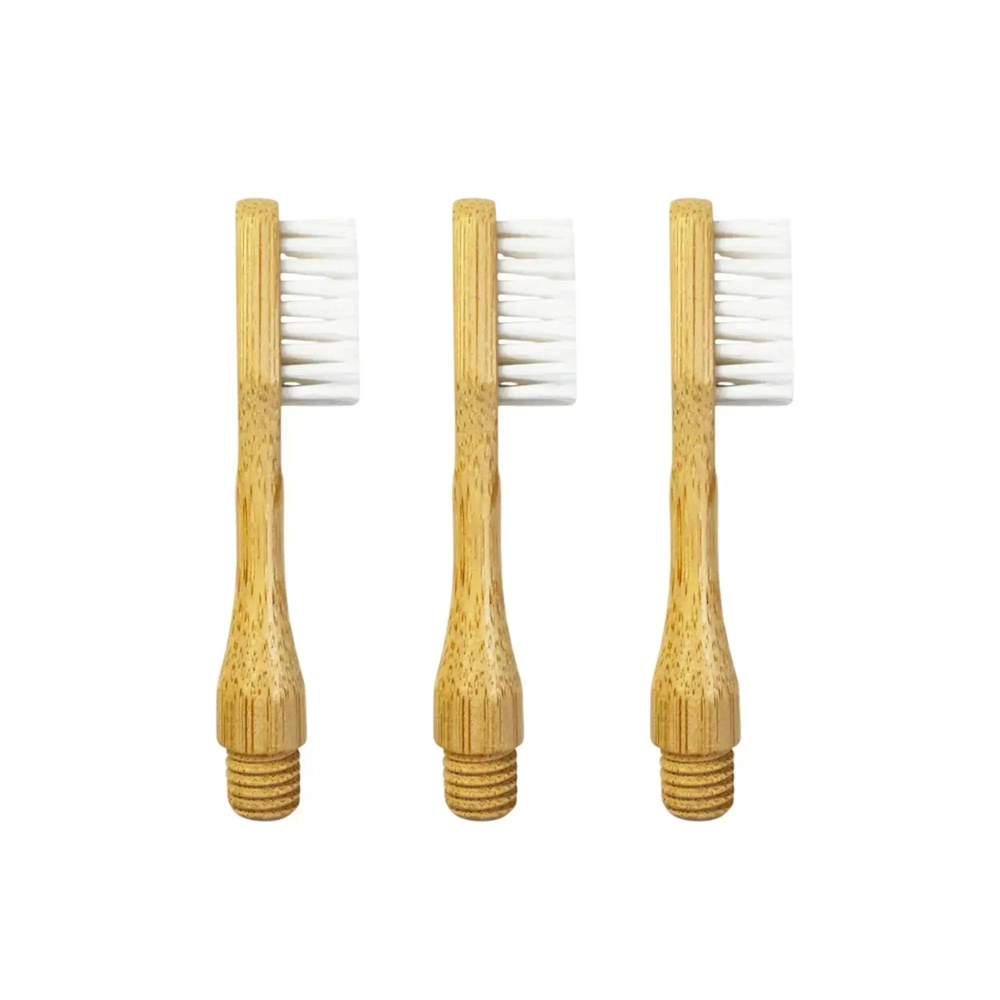 Close-up of the Nathan and Sons Castor Oil Toothbrush Heads featuring castor oil bristles and a bamboo neck