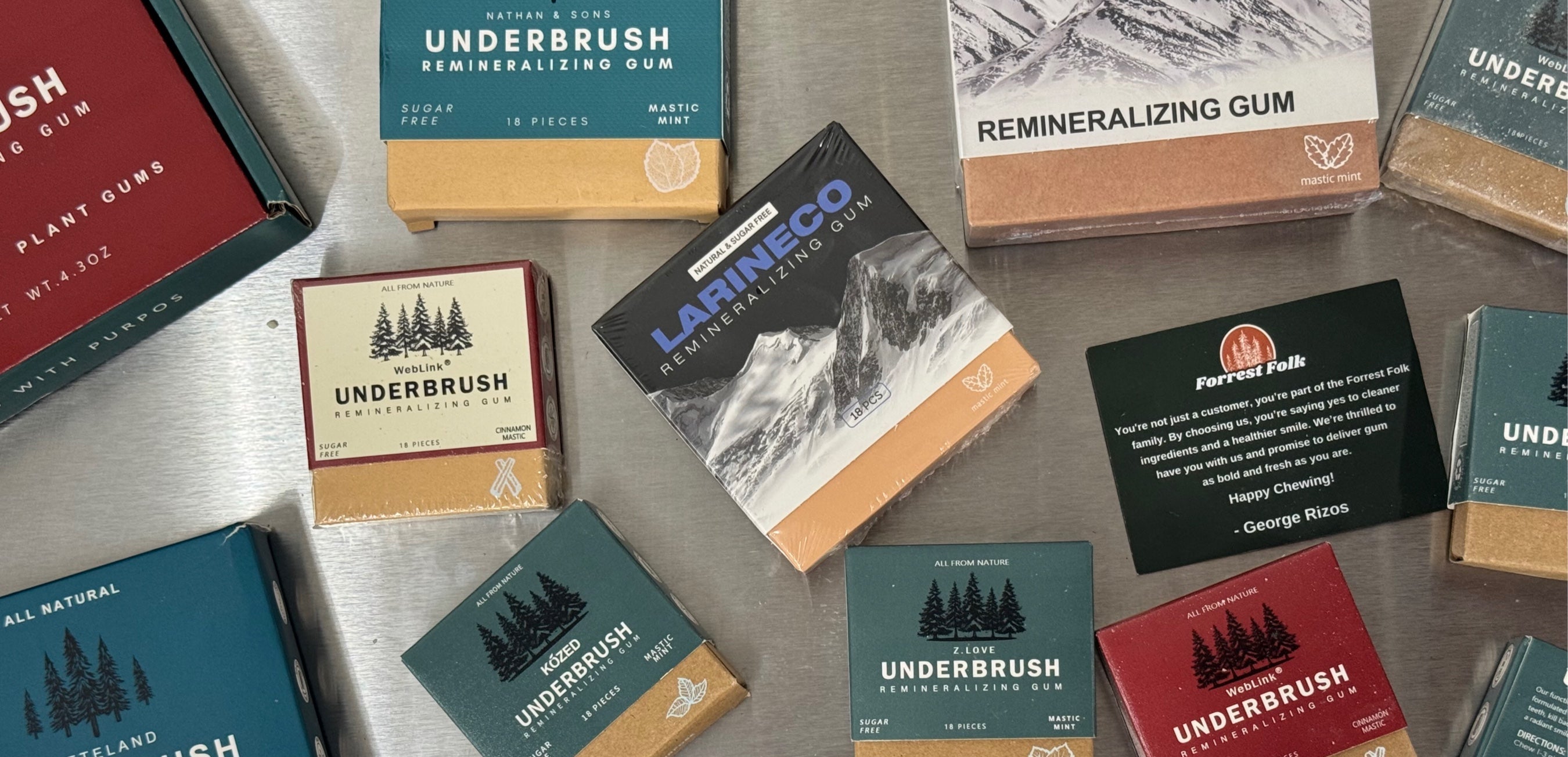 Various boxes of Underbrush Remineralizing Gum knock-offs, showing imitation and counterfeit packaging