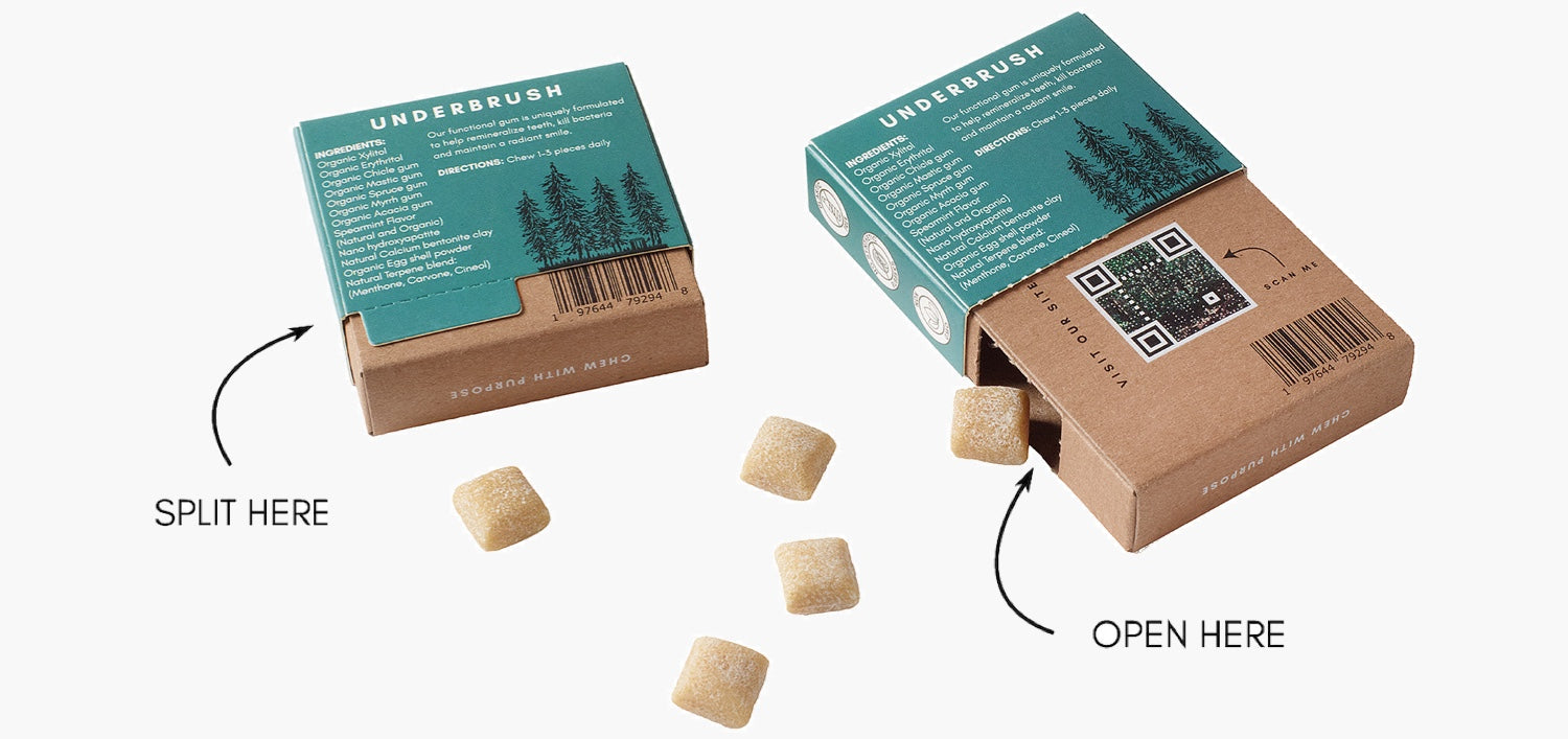 Underbrush mastic mint gum packaging shown with open and split instructions, displaying eco-friendly box design and QR code