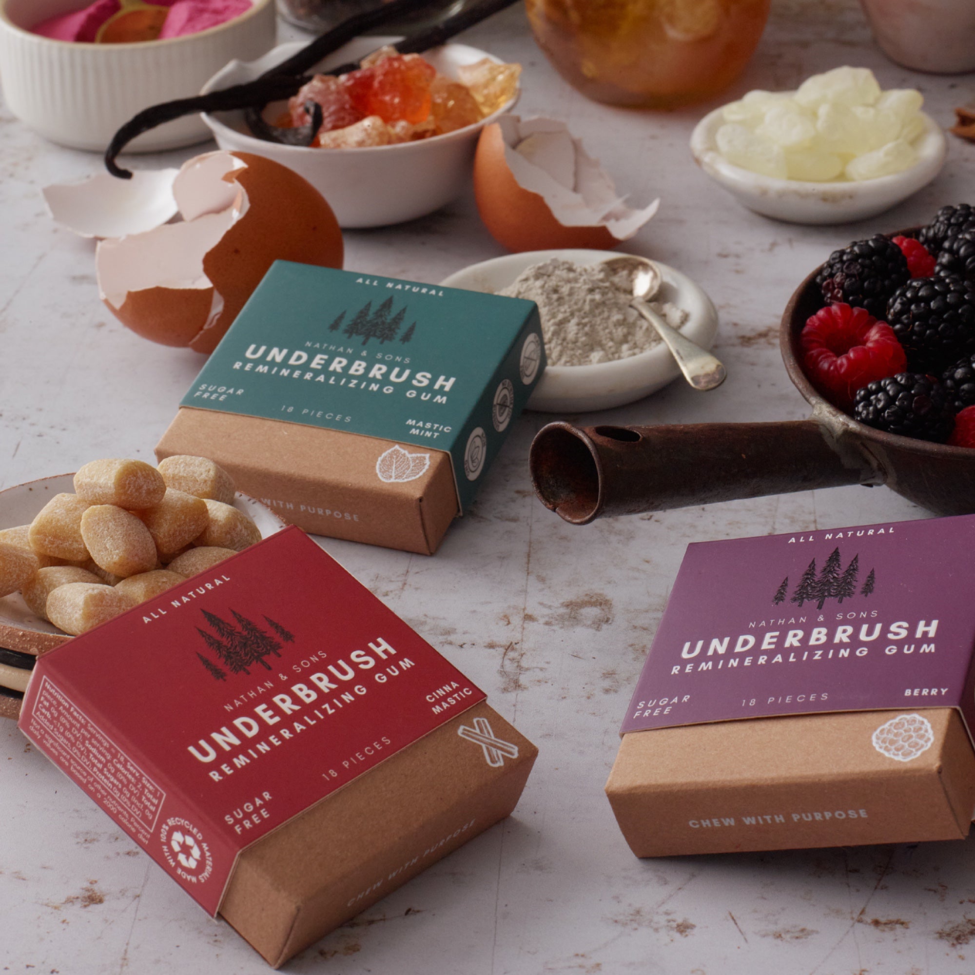 Three boxes of Underbrush Remineralizing Gum—Cinna Mastic, Mastic Mint, and Berry—surrounded by natural ingredients