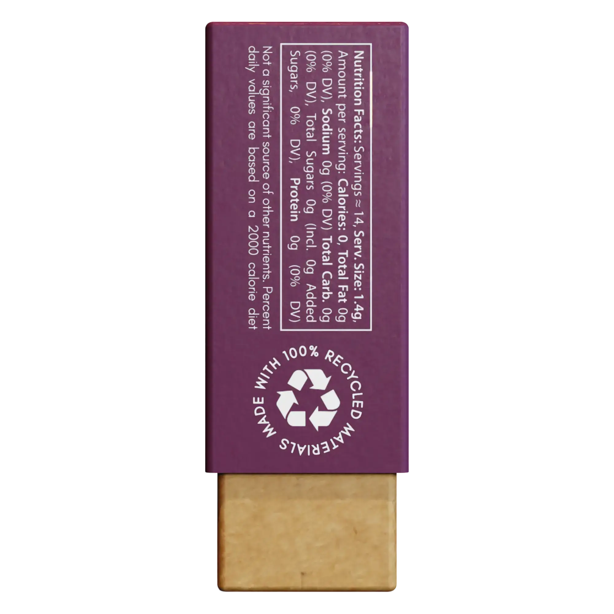 Nathan & Sons Underbrush Berry flavor gum pack displaying nutrition facts, stating zero calories, fat, sodium, carbohydrates, sugars, and protein per serving, along with a recycling symbol and text indicating the packaging is made with 100% recycled materials