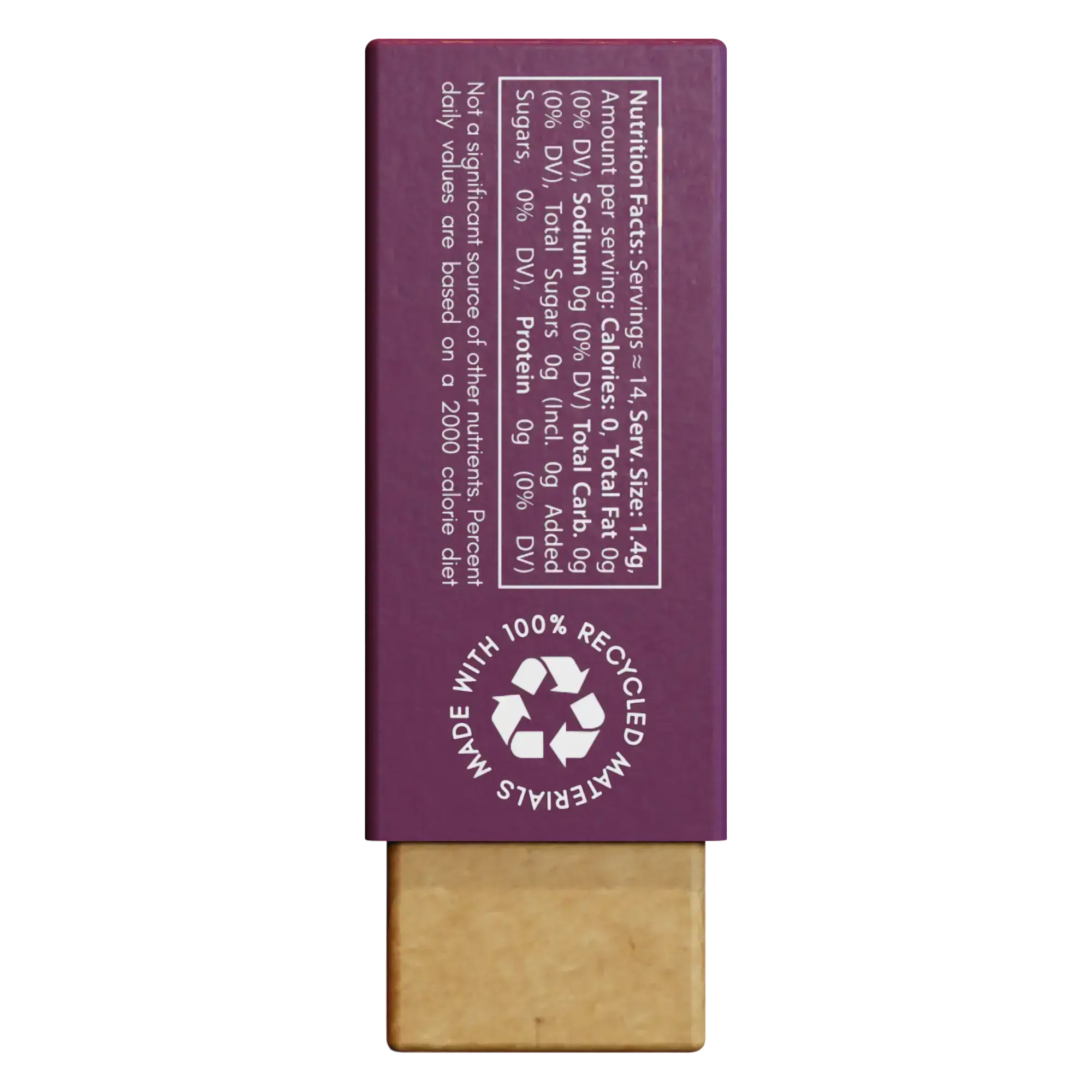 Nathan & Sons Underbrush Berry flavor gum pack displaying nutrition facts, stating zero calories, fat, sodium, carbohydrates, sugars, and protein per serving, along with a recycling symbol and text indicating the packaging is made with 100% recycled materials