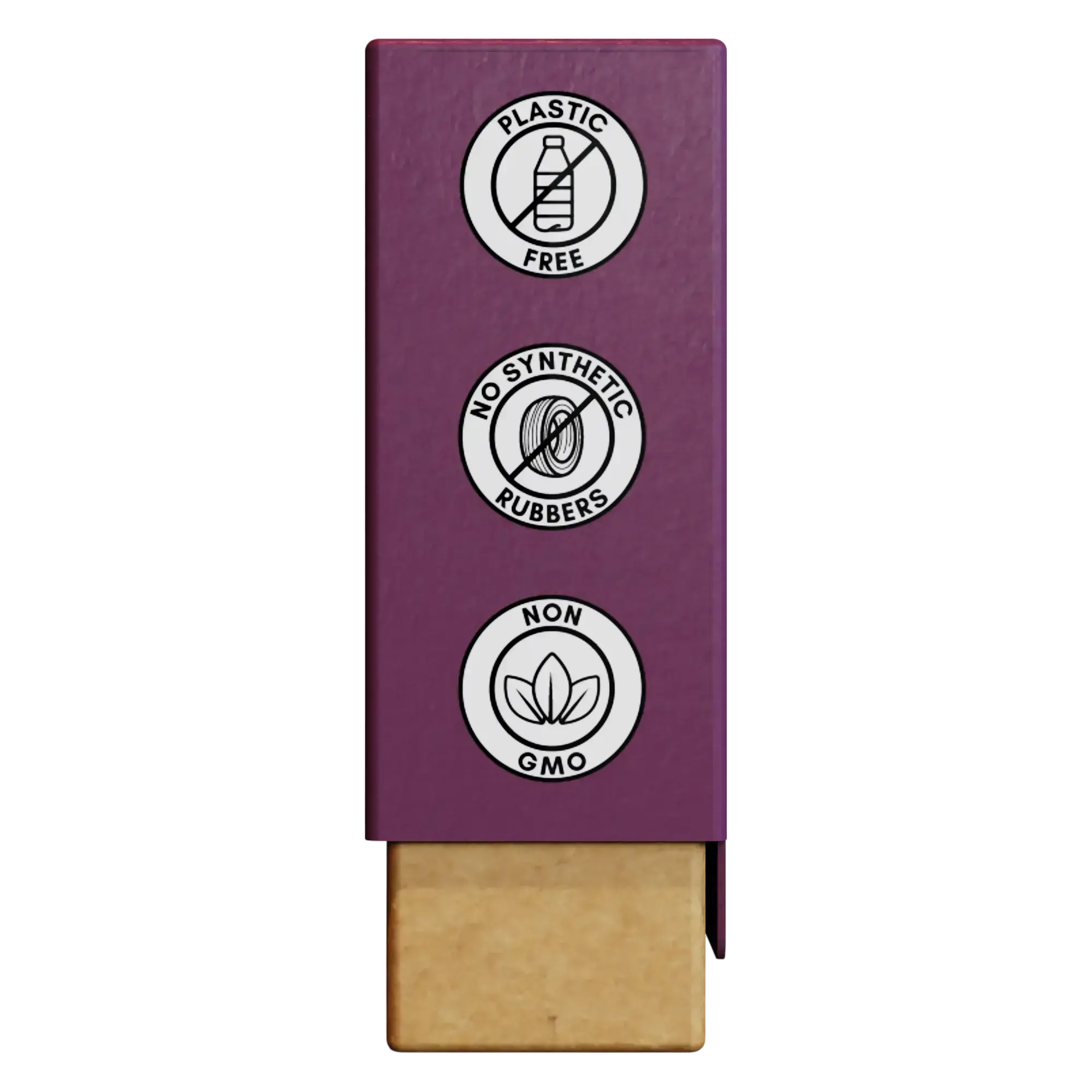 Side close-up of Nathan & Sons Underbrush Remineralizing Gum Berry flavor packaging featuring three circular icons highlighting product benefits: Plastic Free, No Synthetic Rubbers, and Non-GMO.