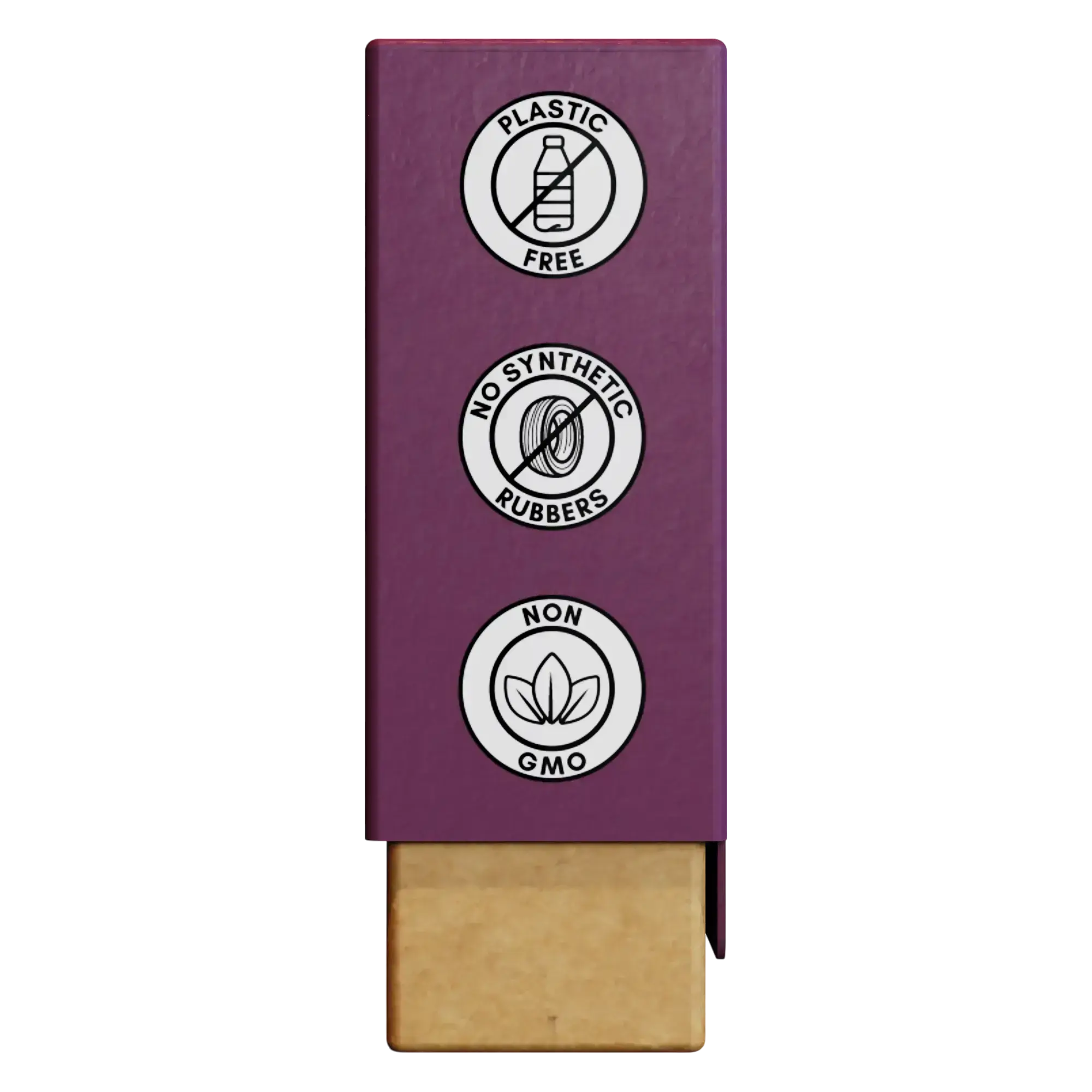 Side close-up of Nathan & Sons Underbrush Remineralizing Gum Berry flavor packaging featuring three circular icons highlighting product benefits: Plastic Free, No Synthetic Rubbers, and Non-GMO.