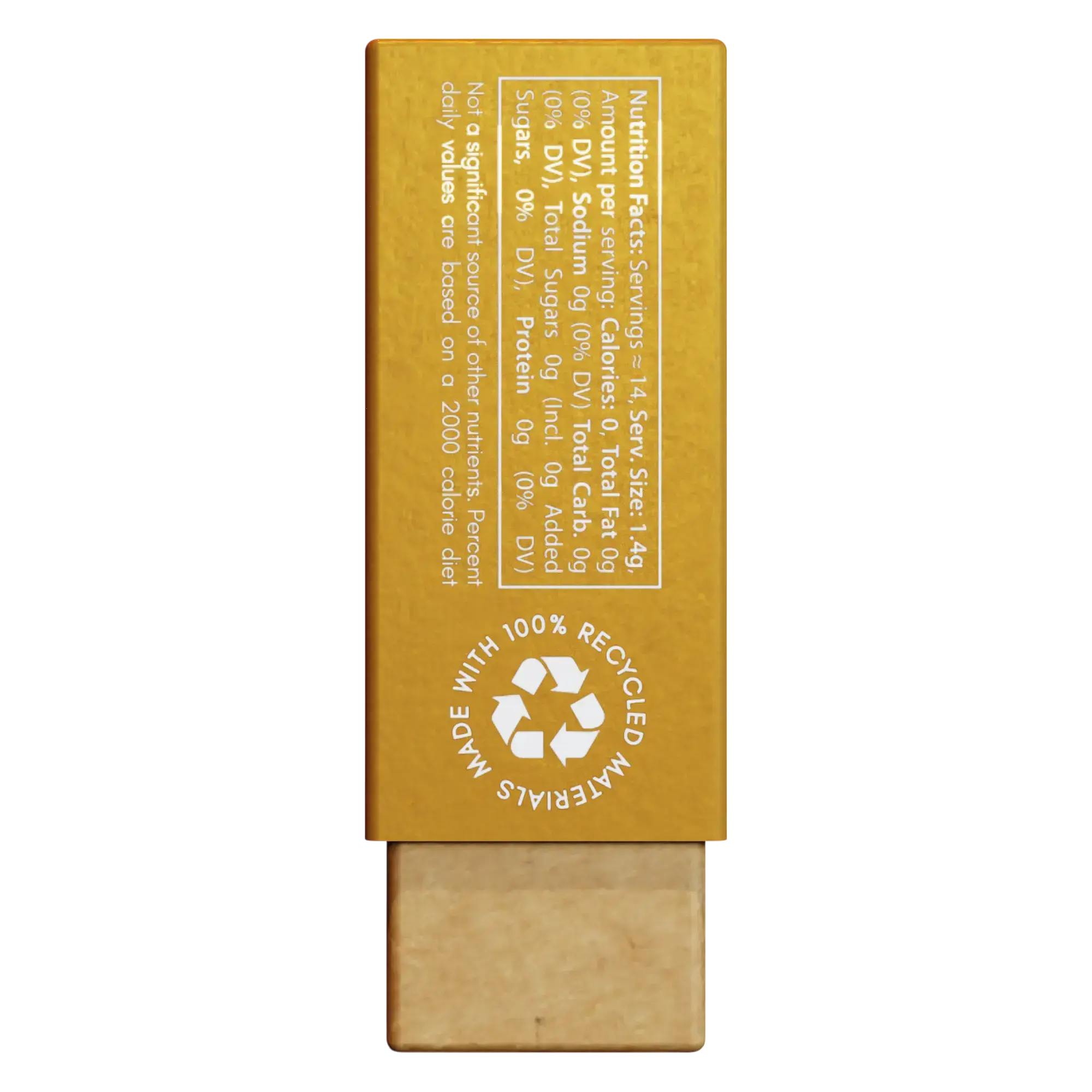 Nathan & Sons Underbrush Honey Bun flavor gum pack displaying nutrition facts, stating zero calories, fat, sodium, carbohydrates, sugars, and protein per serving, along with a recycling symbol and text indicating the packaging is made with 100% recycled materials