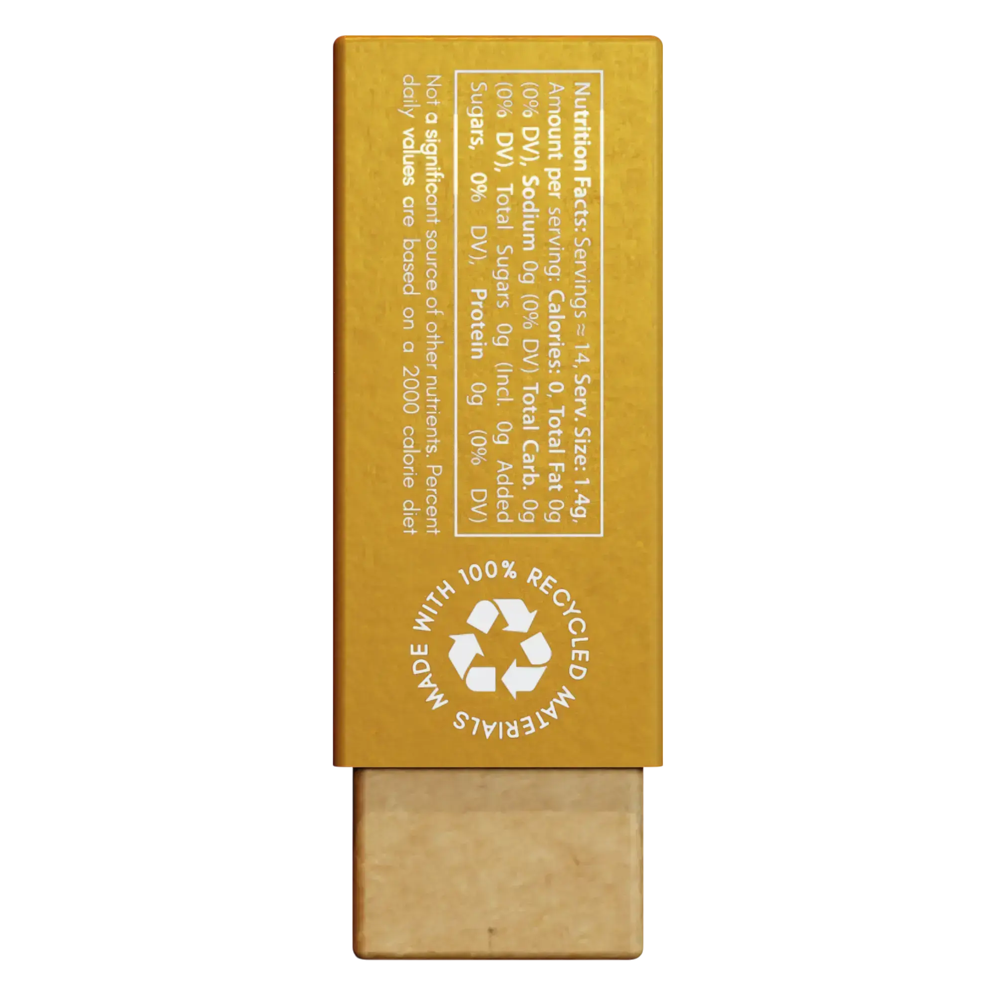 Nathan & Sons Underbrush Honey Bun flavor gum pack displaying nutrition facts, stating zero calories, fat, sodium, carbohydrates, sugars, and protein per serving, along with a recycling symbol and text indicating the packaging is made with 100% recycled materials