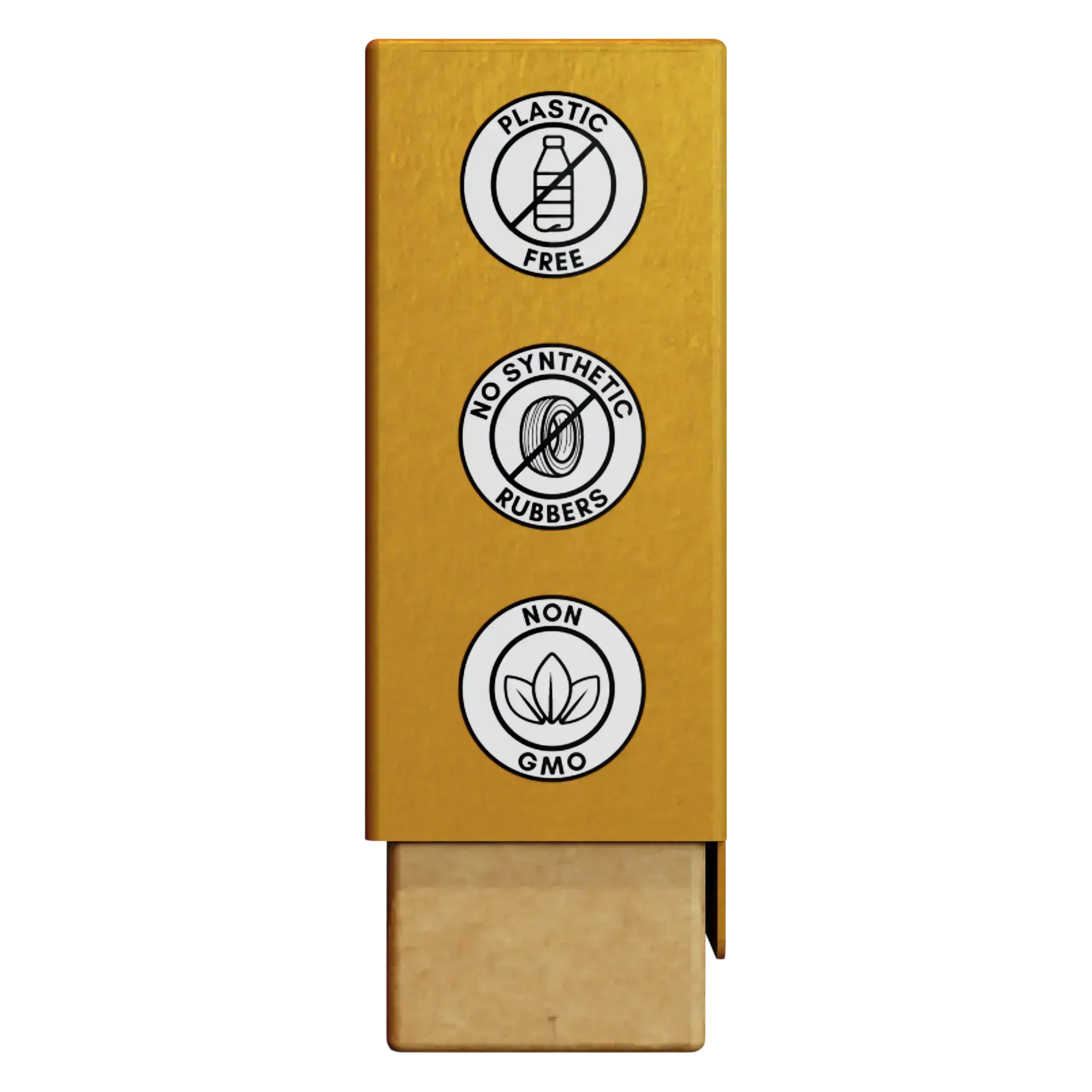 Side close-up of Nathan & Sons Underbrush Remineralizing Gum Honey Bun flavor packaging featuring three circular icons highlighting product benefits: Plastic Free, No Synthetic Rubbers, and Non-GMO.