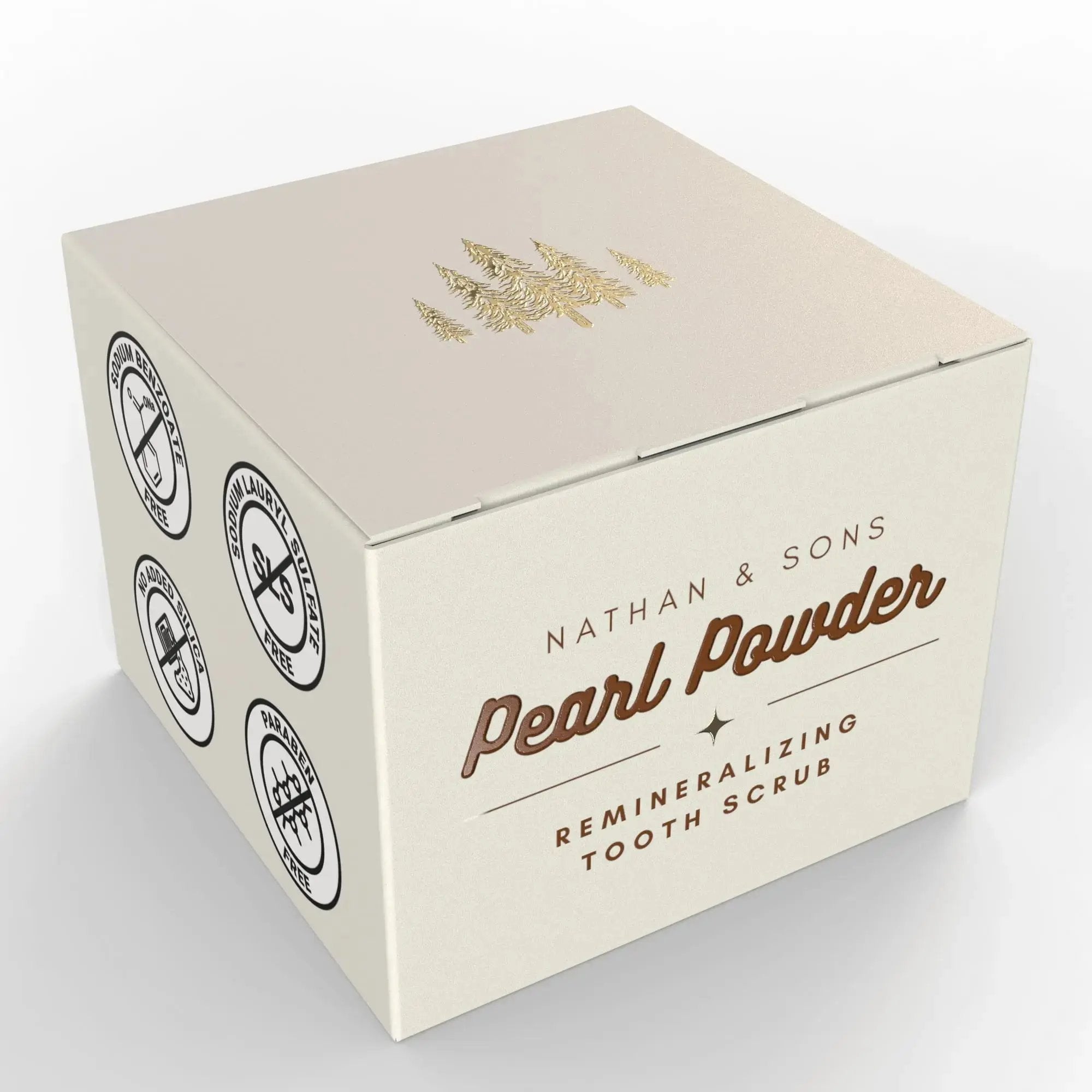 Box of Nathan & Sons Pearl Powder Remineralizing Tooth Scrub on a light gray background