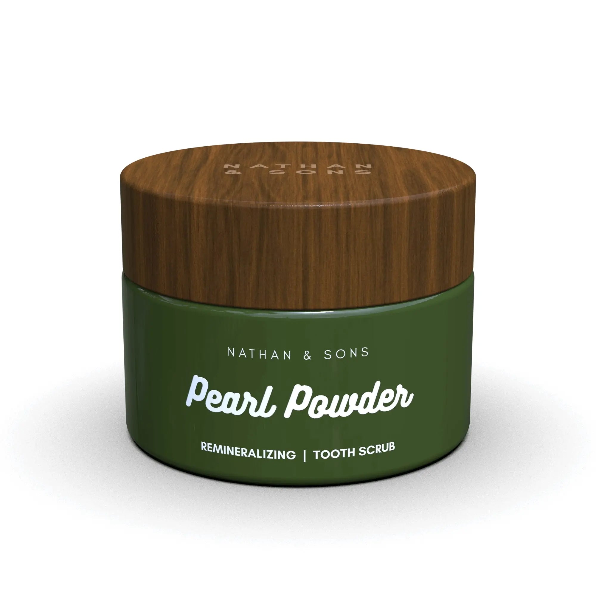 Green jar of Nathan & Sons Pearl Powder Remineralizing Tooth Scrub with wooden lid on a white background