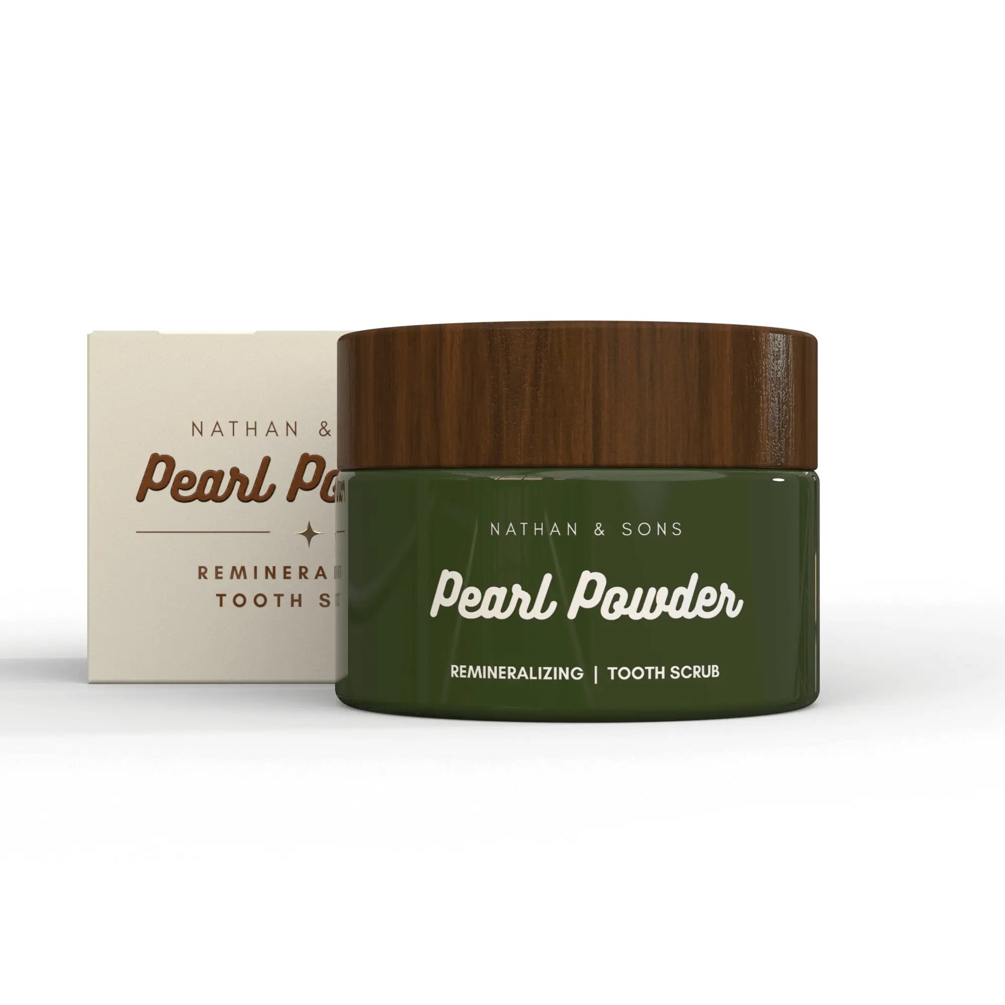 Green jar of 'Pearl Powder' tooth scrub with wooden lid on a white background