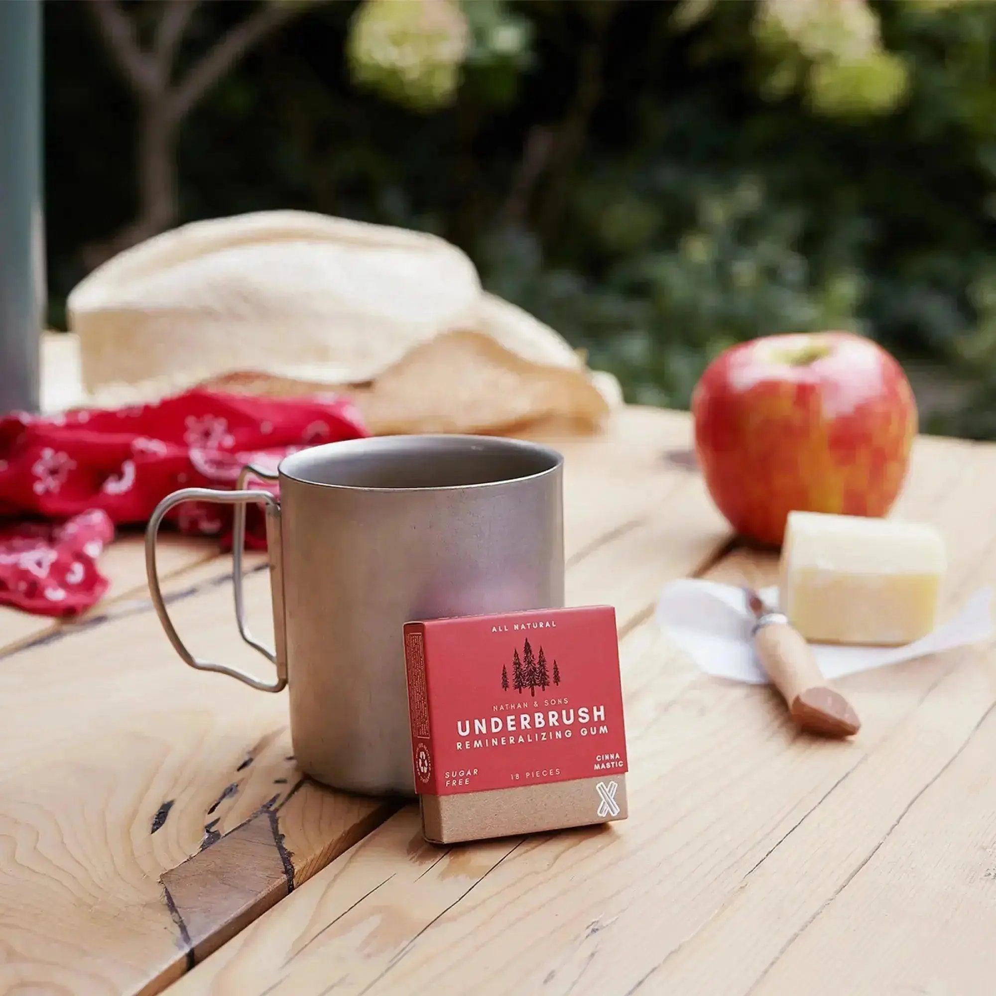 Nathan & Sons Underbrush Remineralizing Gum Cinna-Mastic flavor box on a wooden picnic table beside a metal camping mug, with a red apple, cheese wedge, cheese knife, straw hat, and red bandana in the background.