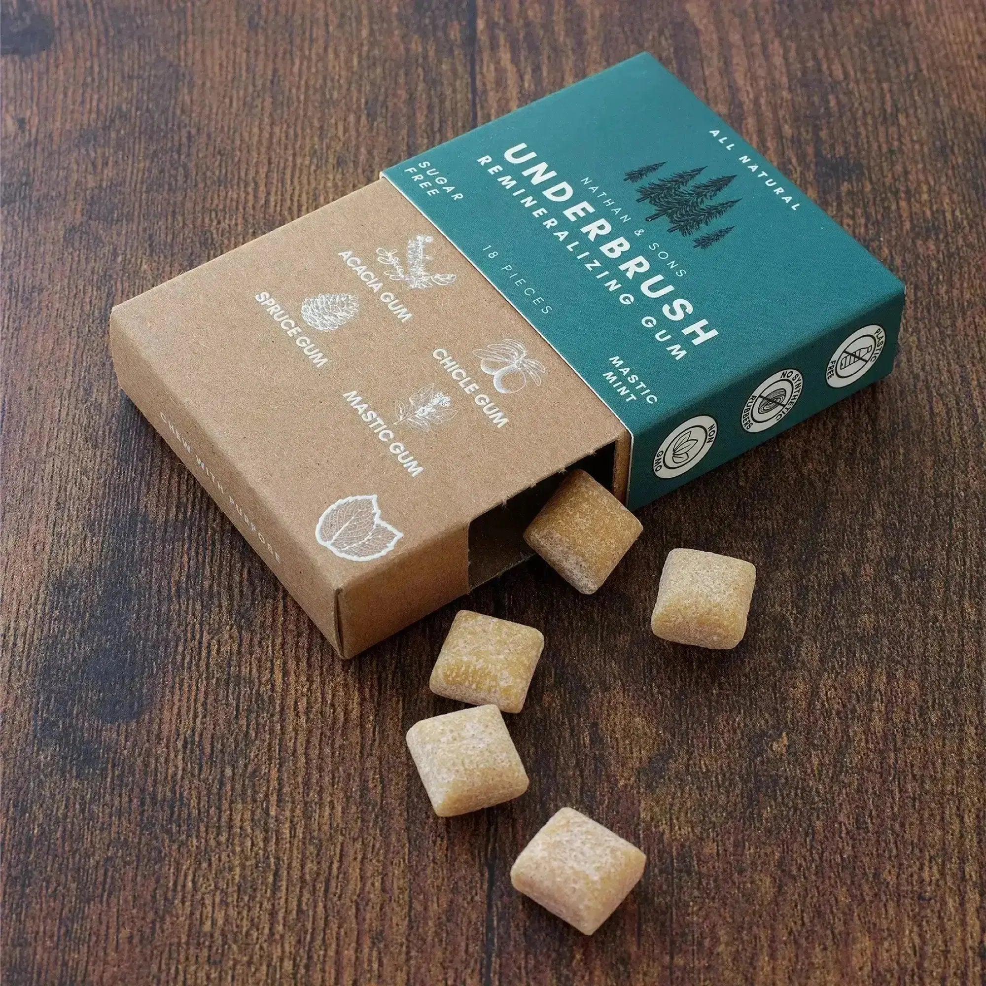 Gum cubes spilling from Underbush Remineralizing Gum Mastic Mint box onto wooden table