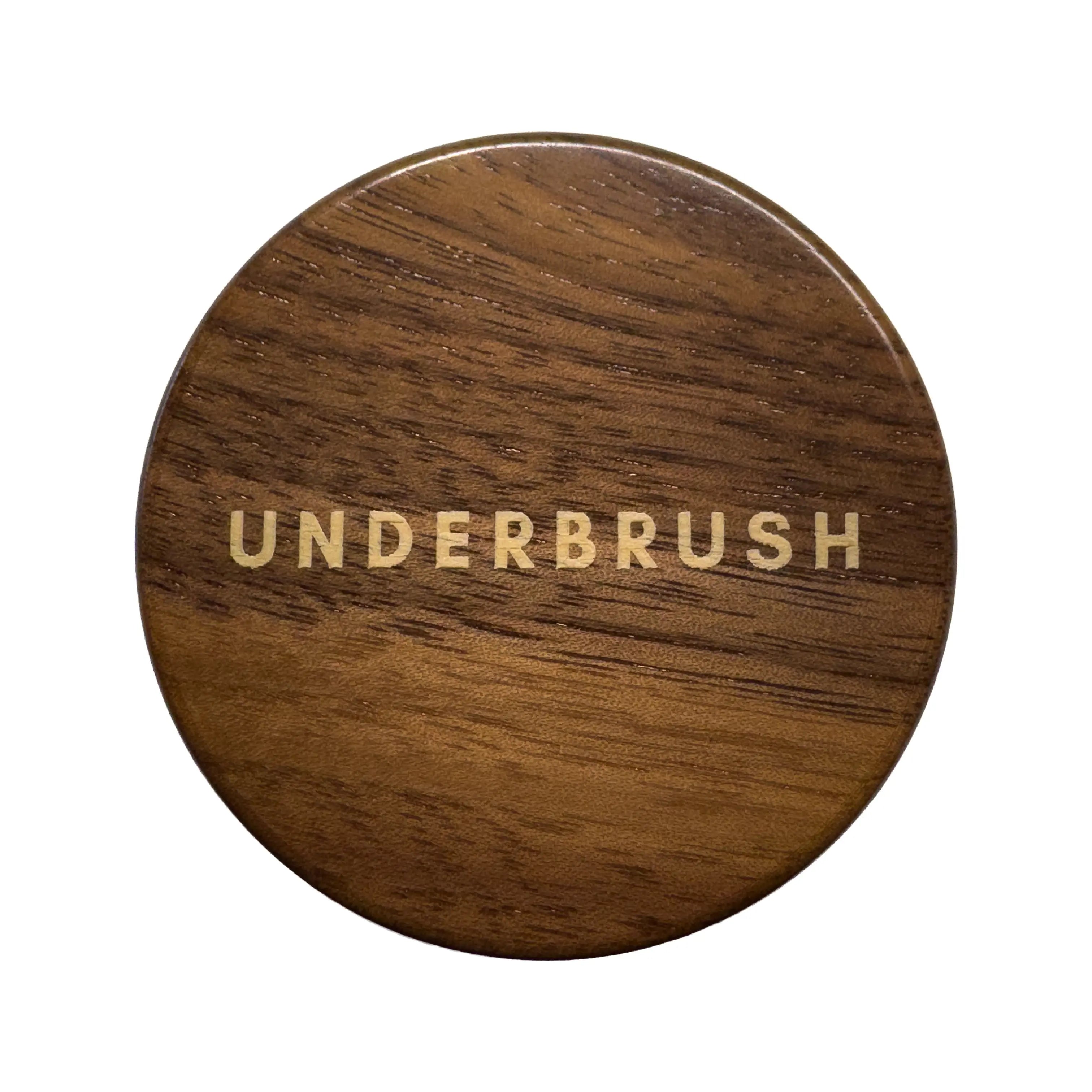 Top of American Walnut Gum Case with 'UNDERBRUSH' engraved on