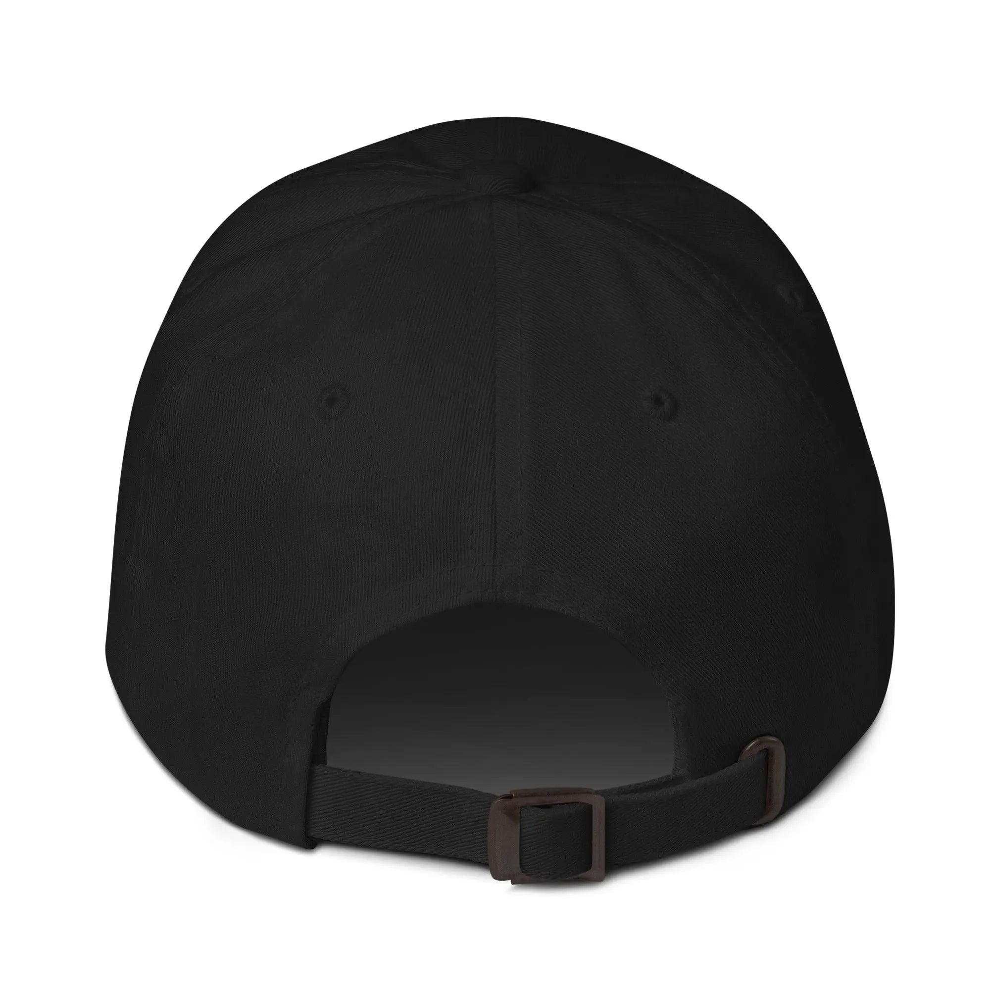 Back view of product mockup of Black classic dad hat with white embroidered "UNDERBRUSH" logo centered on the front.
