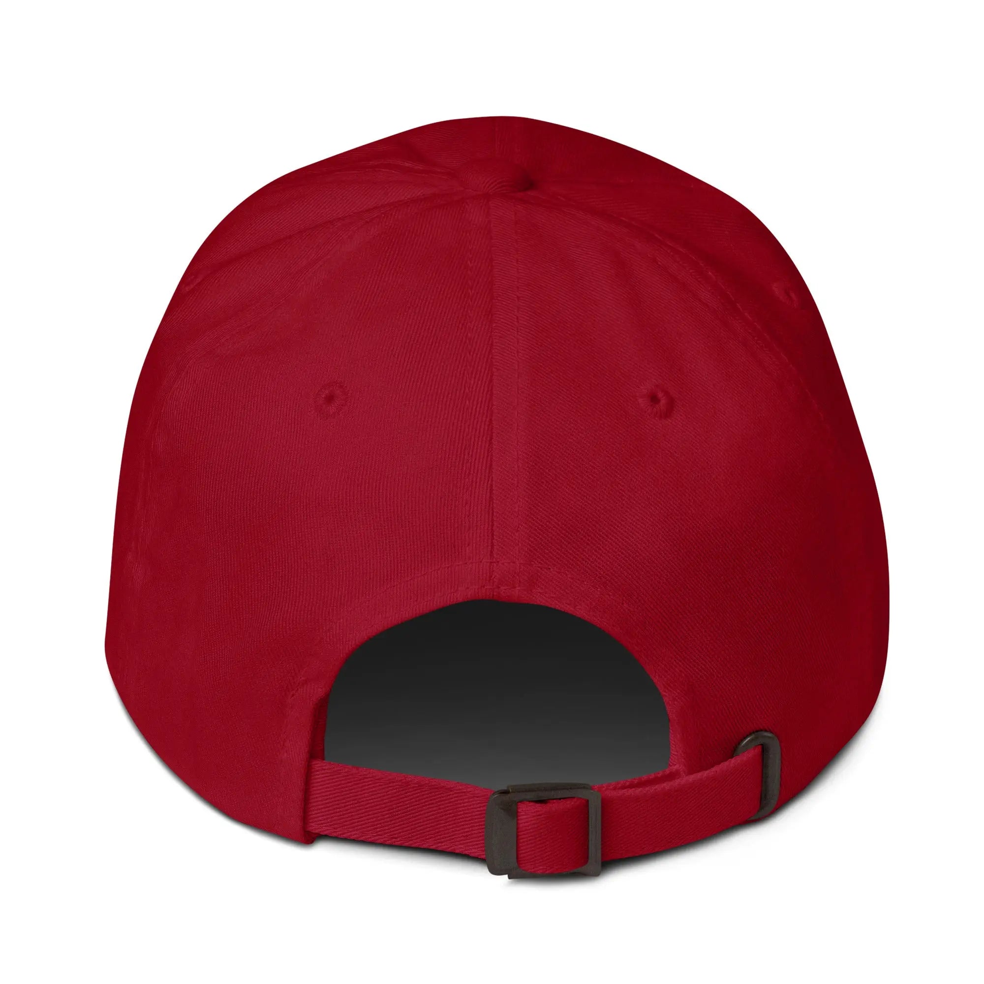 Back view of product mockup of cranberry classic dad hat with white embroidered "UNDERBRUSH" logo centered on the front.