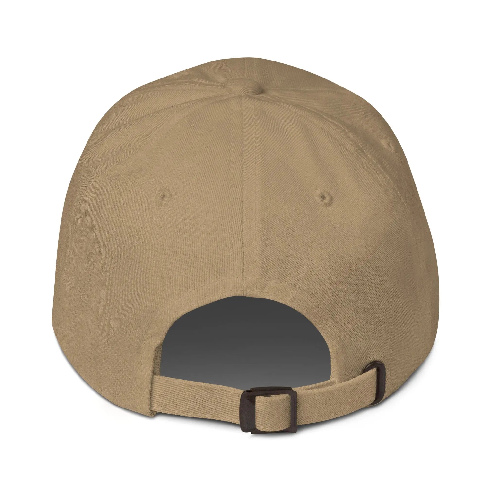 Back view of product mockup of khaki classic dad hat with white embroidered "UNDERBRUSH" logo centered on the front.