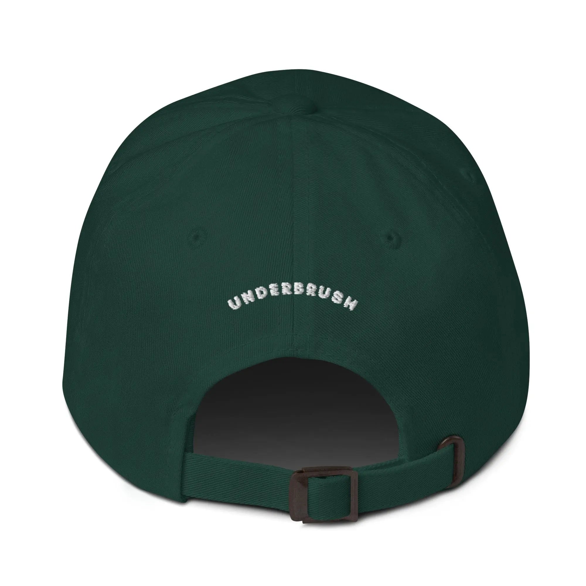 Back view of product mockup of spruce classic dad hat with white embroidered "Chew" logo centered on the front and with white embroidered "Underbrush" logo centered on the back