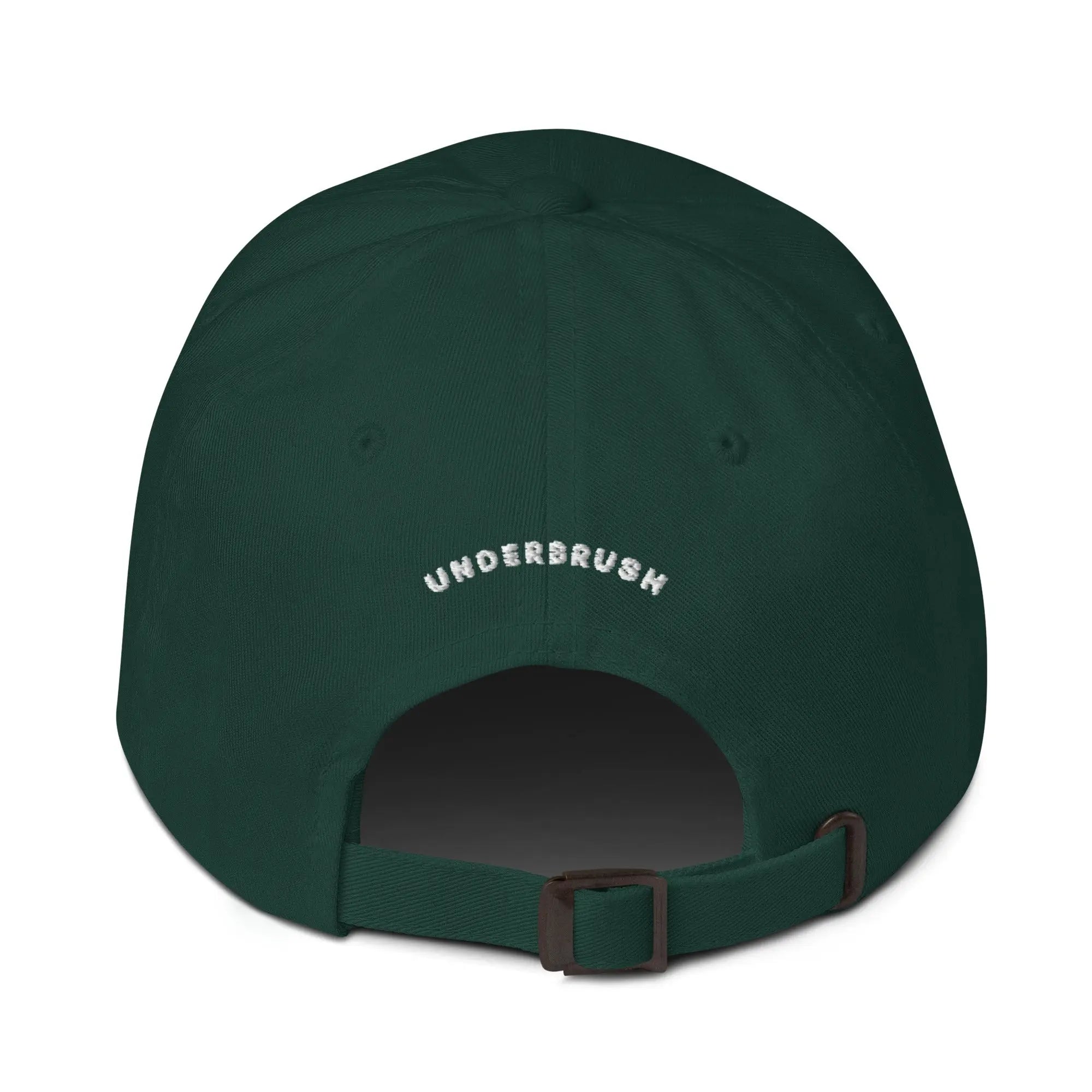 Back view of product mockup of spruce classic dad hat with white embroidered "spruce tree leaves" logo centered on the front and with white embroidered "Underbrush" logo centered on the back