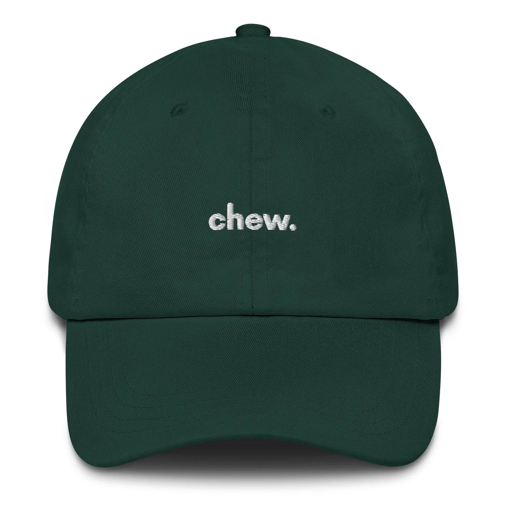 Frontal view of product mockup of spruce classic dad hat with white embroidered "Chew" logo centered on the front and with white embroidered "Underbrush" logo centered on the back