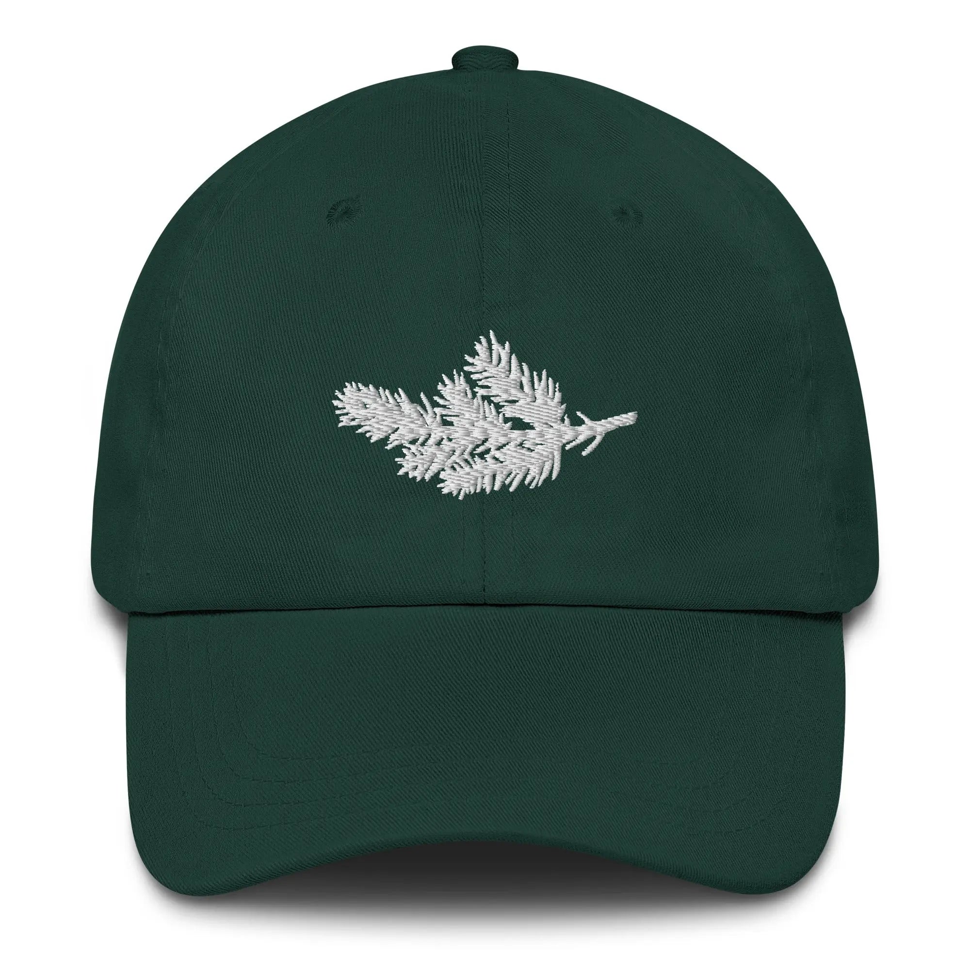 Frontal view of product mockup of spruce classic dad hat with white embroidered "spruce tree leaves" logo centered on the front and with white embroidered "Underbrush" logo centered on the back