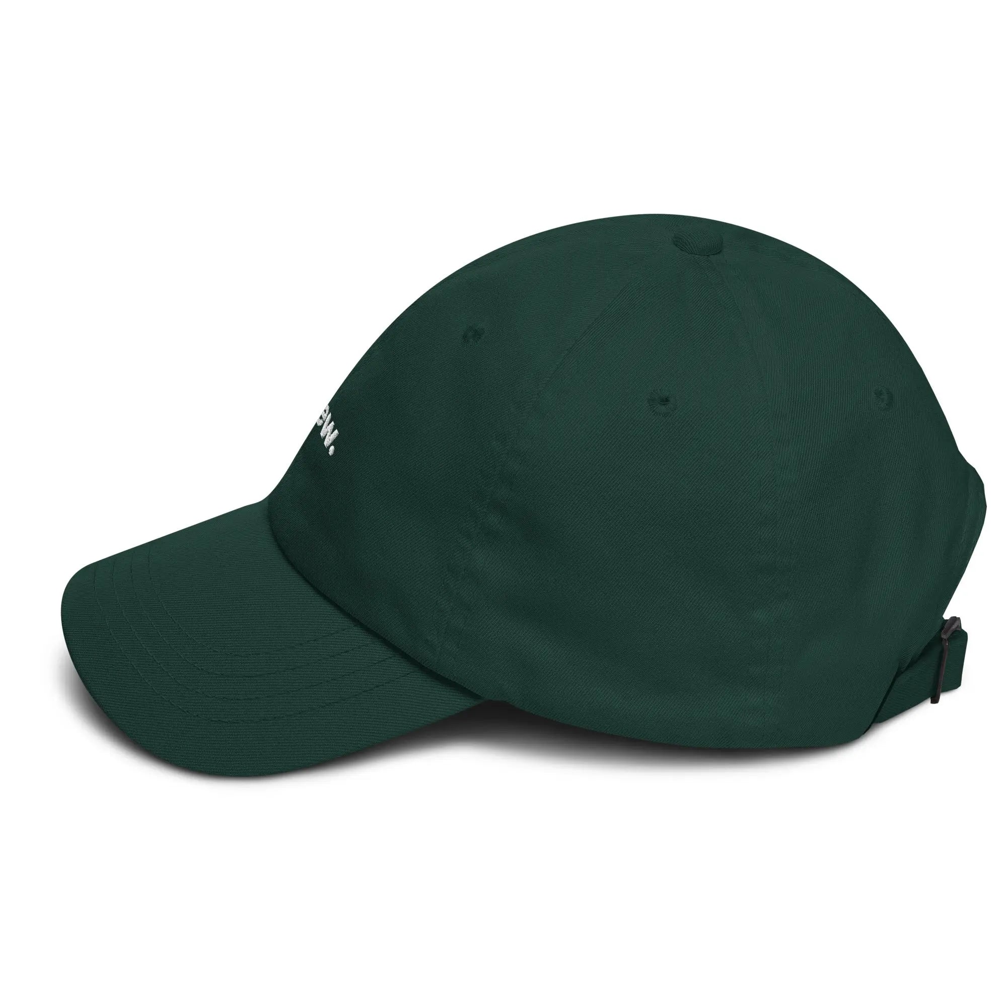 Left side view of product mockup of spruce classic dad hat with white embroidered "Chew" logo centered on the front and with white embroidered "Underbrush" logo centered on the back