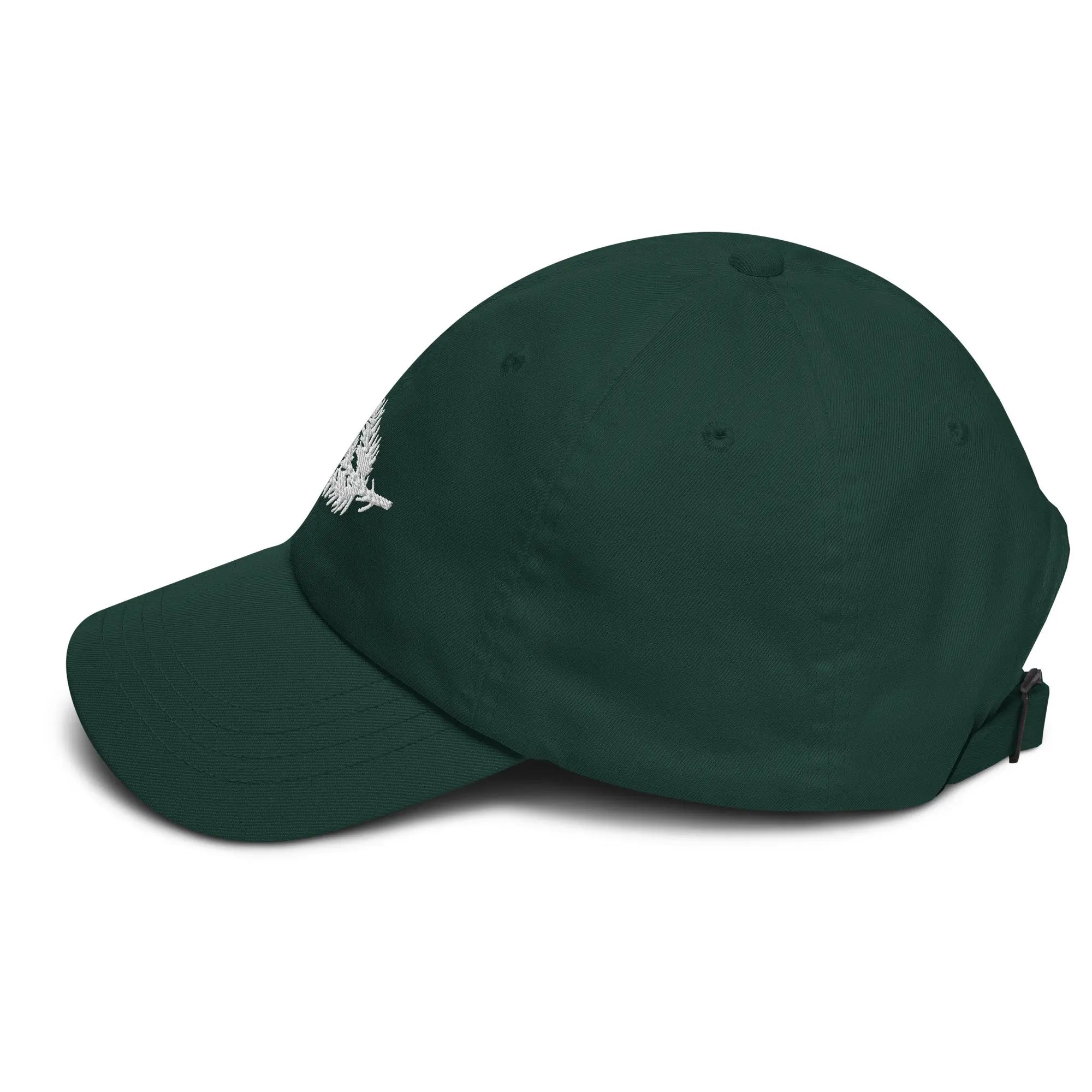 Left side view of product mockup of spruce classic dad hat with white embroidered "spruce tree leaves" logo centered on the front and with white embroidered "Underbrush" logo centered on the back