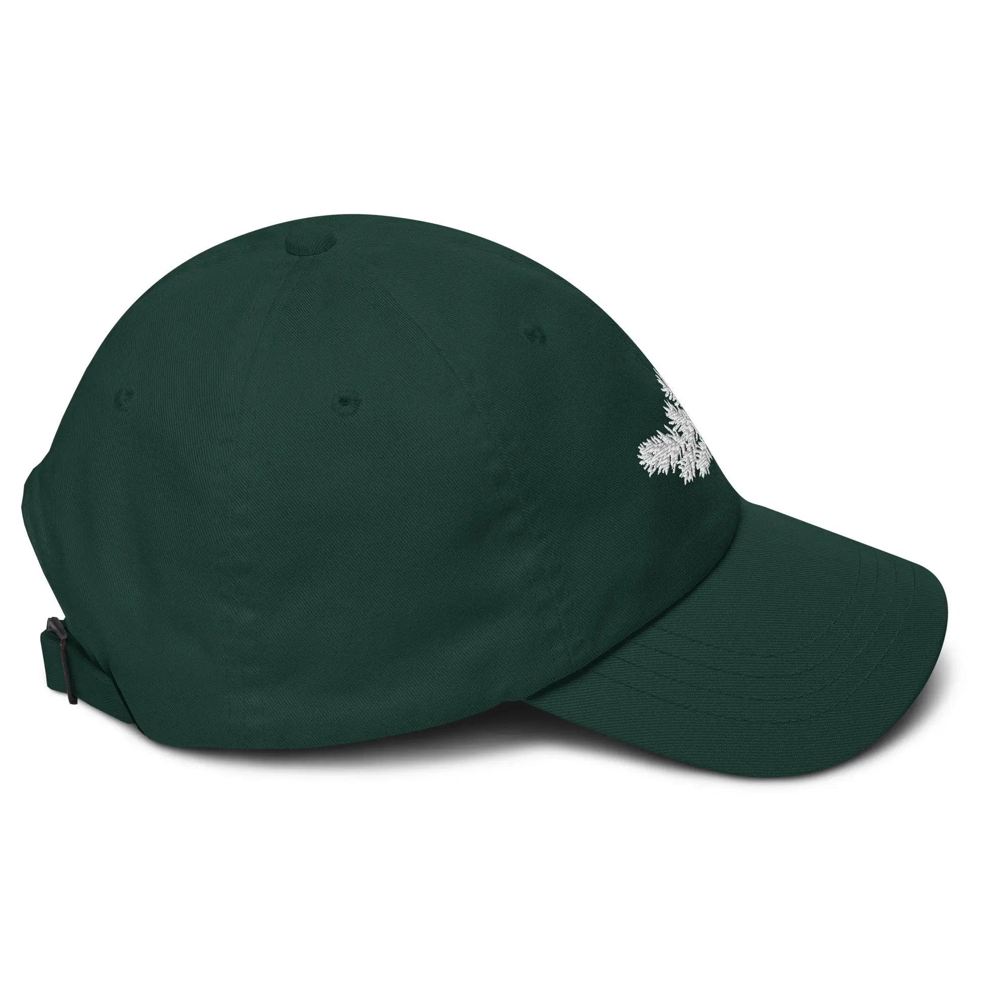 Right side view of product mockup of spruce classic dad hat with white embroidered "spruce tree leaves" logo centered on the front and with white embroidered "Underbrush" logo centered on the back
