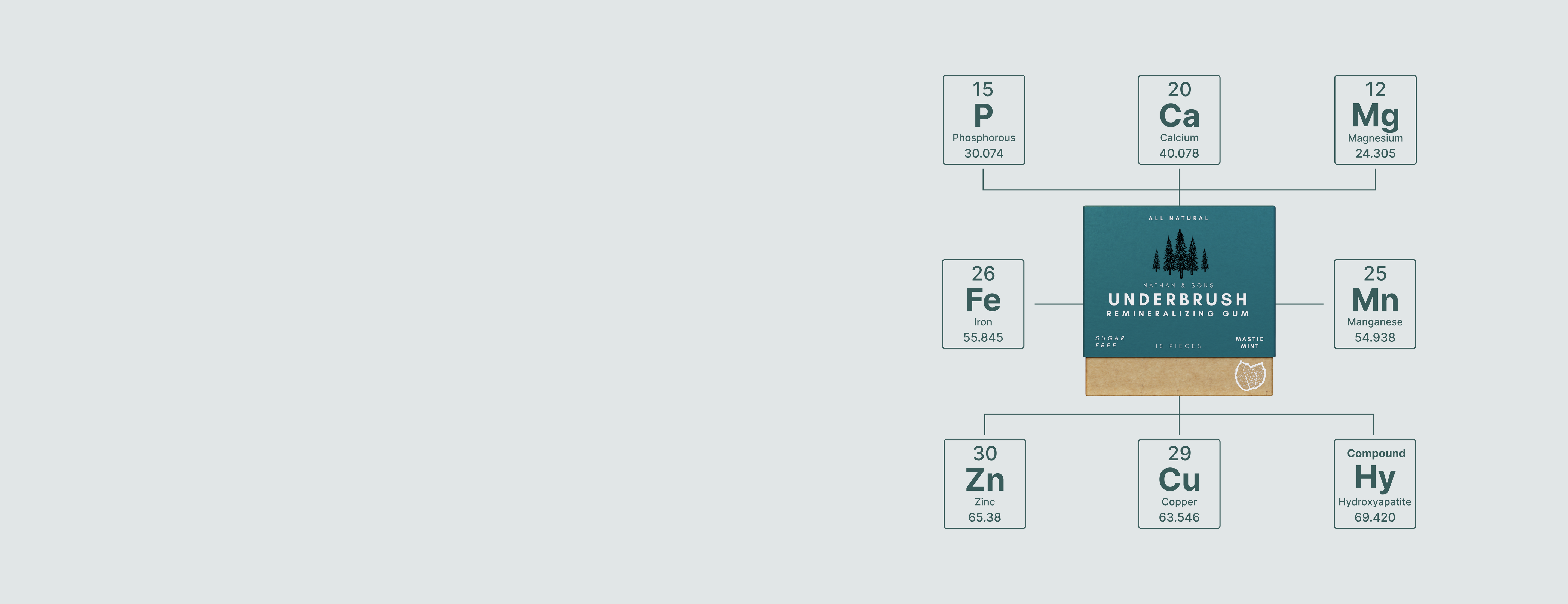 Underbrush Mastic Mint Gum package with key minerals and elements displayed with symbols from periodic table including calcium, phosphorus, magnesium, iron, manganese, zinc, copper, and hydroxyapatite