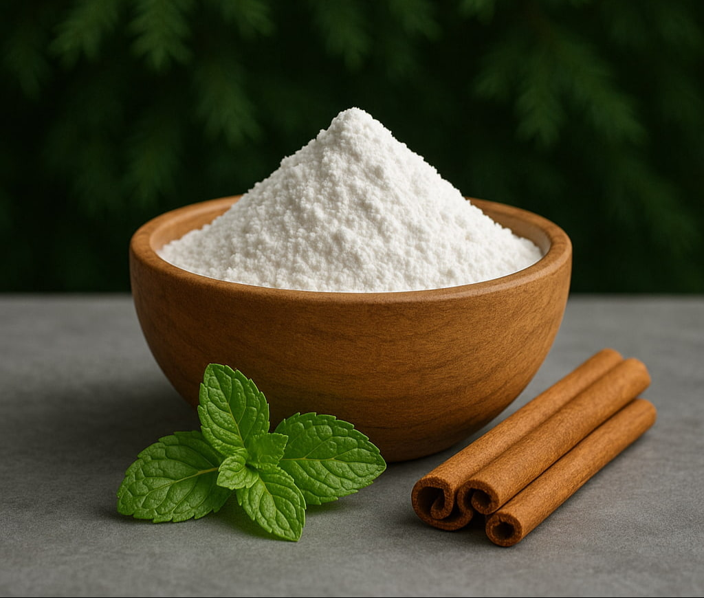 Natural nano-hydroxyapatite powder in wooden bowl with fresh mint leaves and cinnamon sticks