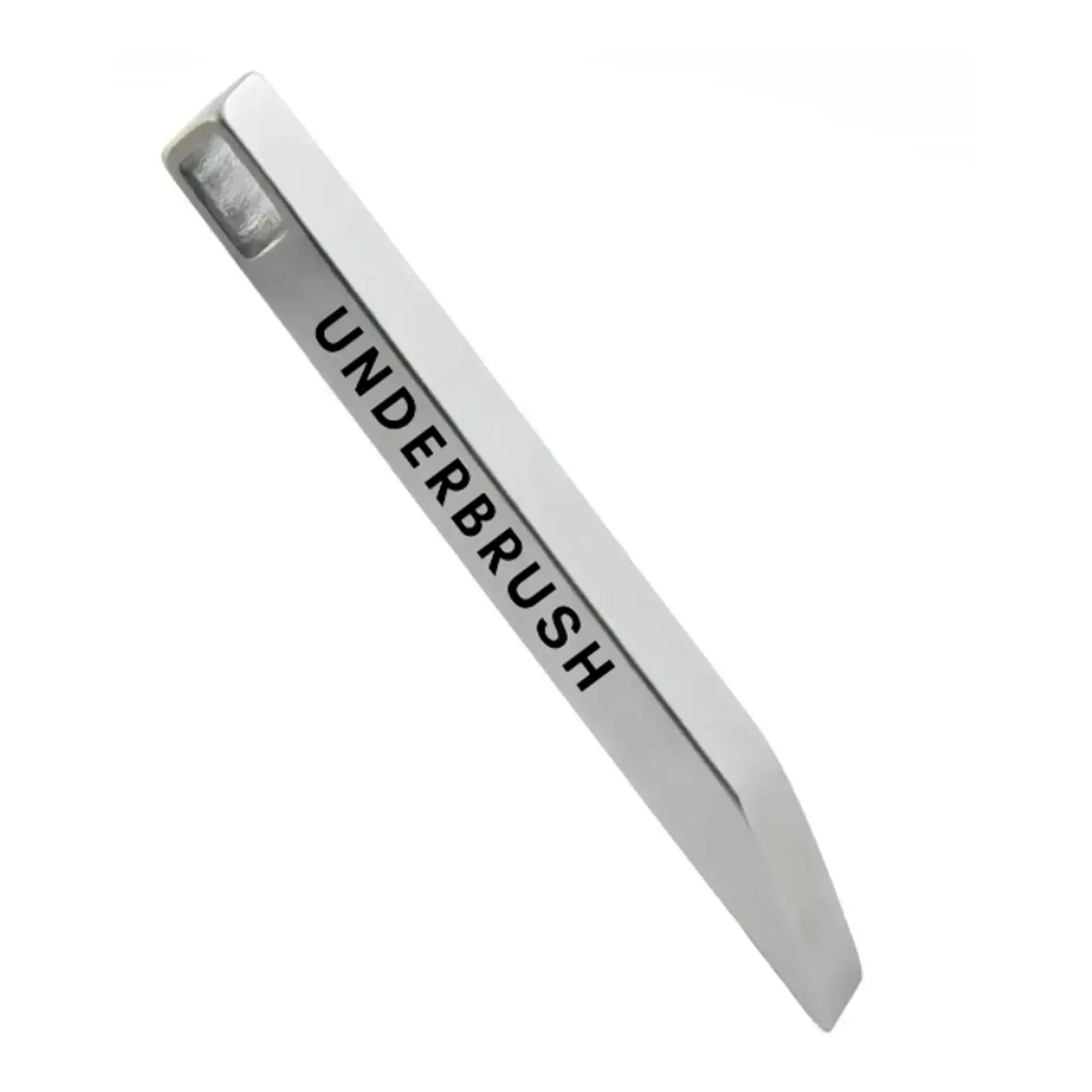 Close-up of Minimalist Multi-tool Key-chain with 'UNDERBRUSH,' engraving, featuring a flat angled tip and compact rectangular shape.