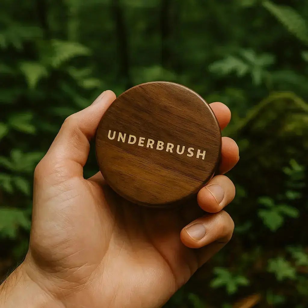 Hand holding a American walnut gum case with 'UNDERBRUSH' engraved, against a green foliage background