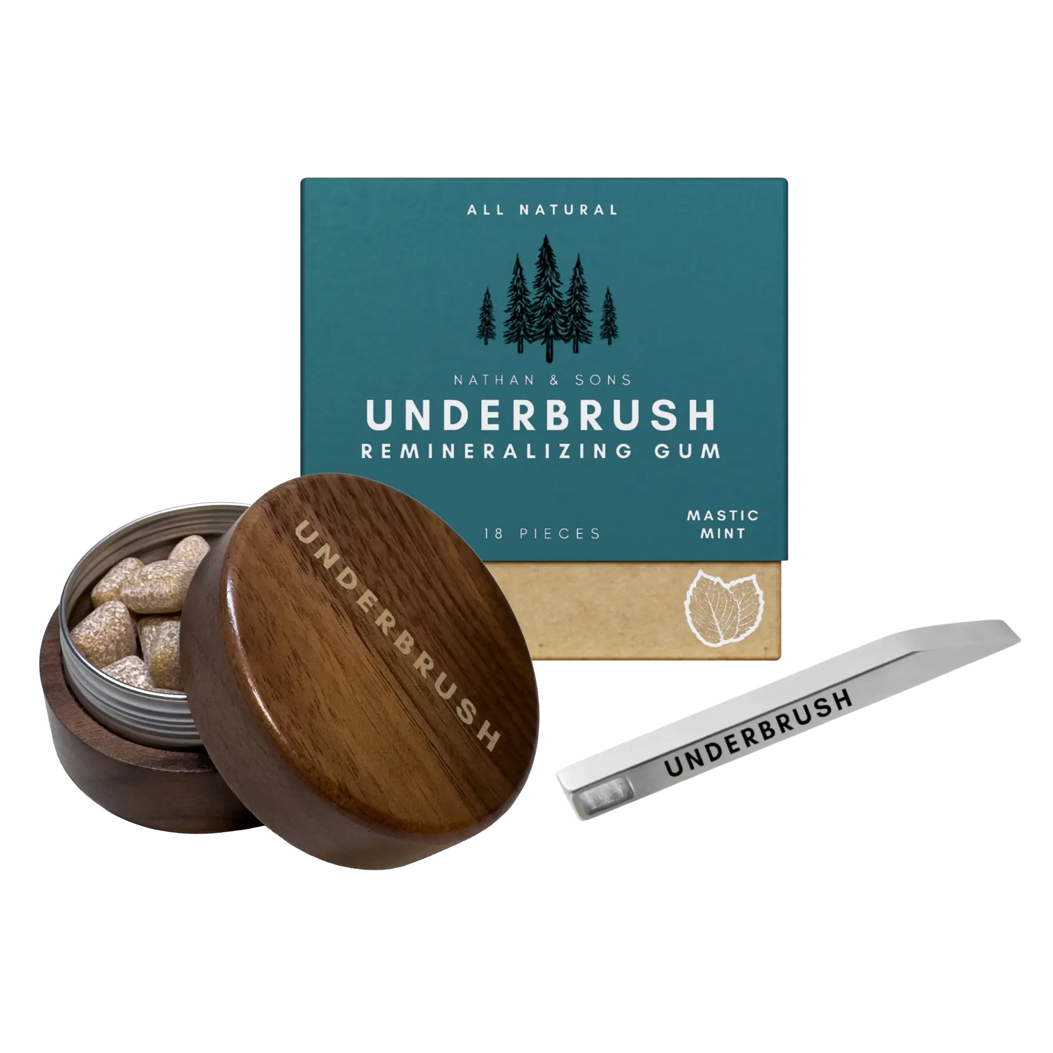 Nathan and Sons remineralizing gum bundle featuring the Mastic Mint remineralizing gum, the American walnut gum case and the minimalist multi-tool key-chain