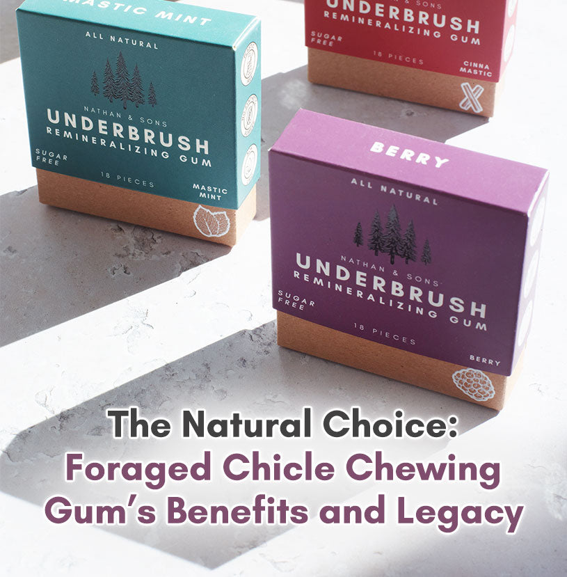 Three boxes of Nathan & Sons Underbrush Remineralizing Gum in Mastic Mint, Berry, and Cinna Mastic flavors on a light stone surface, with text overlay reading “The Natural Choice: Foraged Chicle Chewing Gum’s Benefits and Legacy.”
