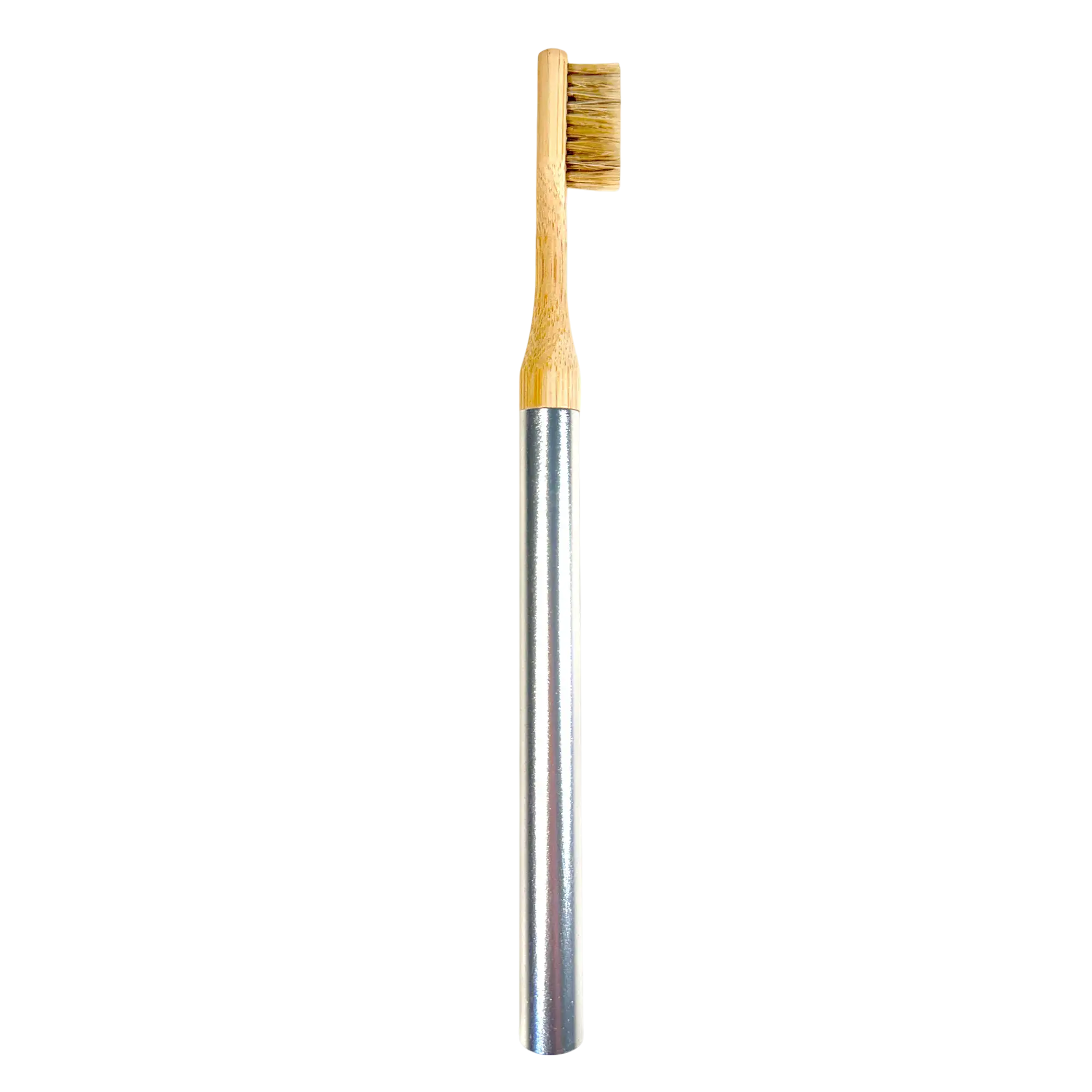 Side close up of the Nathan and Sons Boar's Hair Toothbrush Kit featuring boar's hair bristles, a bamboo neck and an aluminum handle 