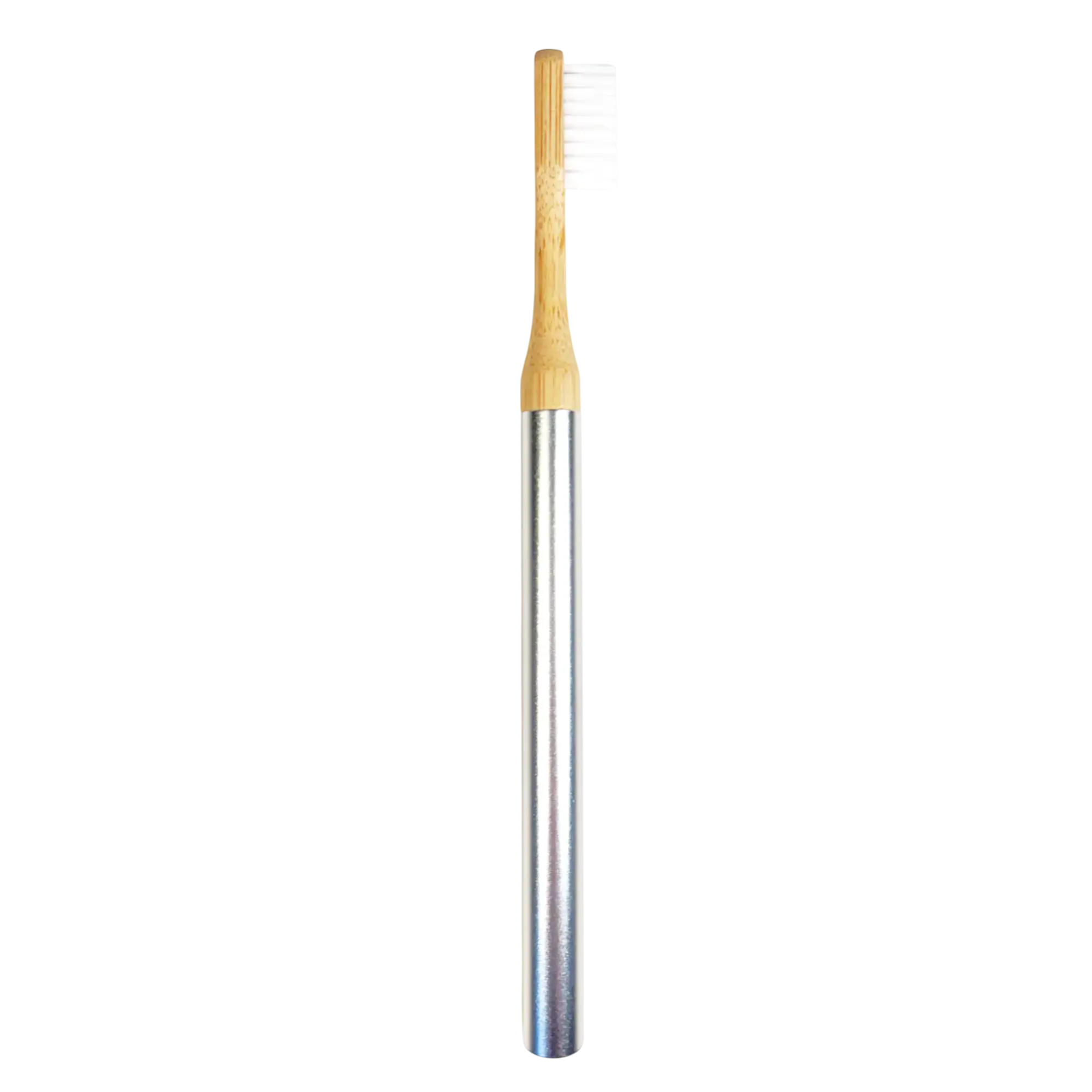 Side close up of the Nathan and Sons Castor Oil Toothbrush Kit featuring castor oil bristles, a bamboo neck and an aluminum handle 